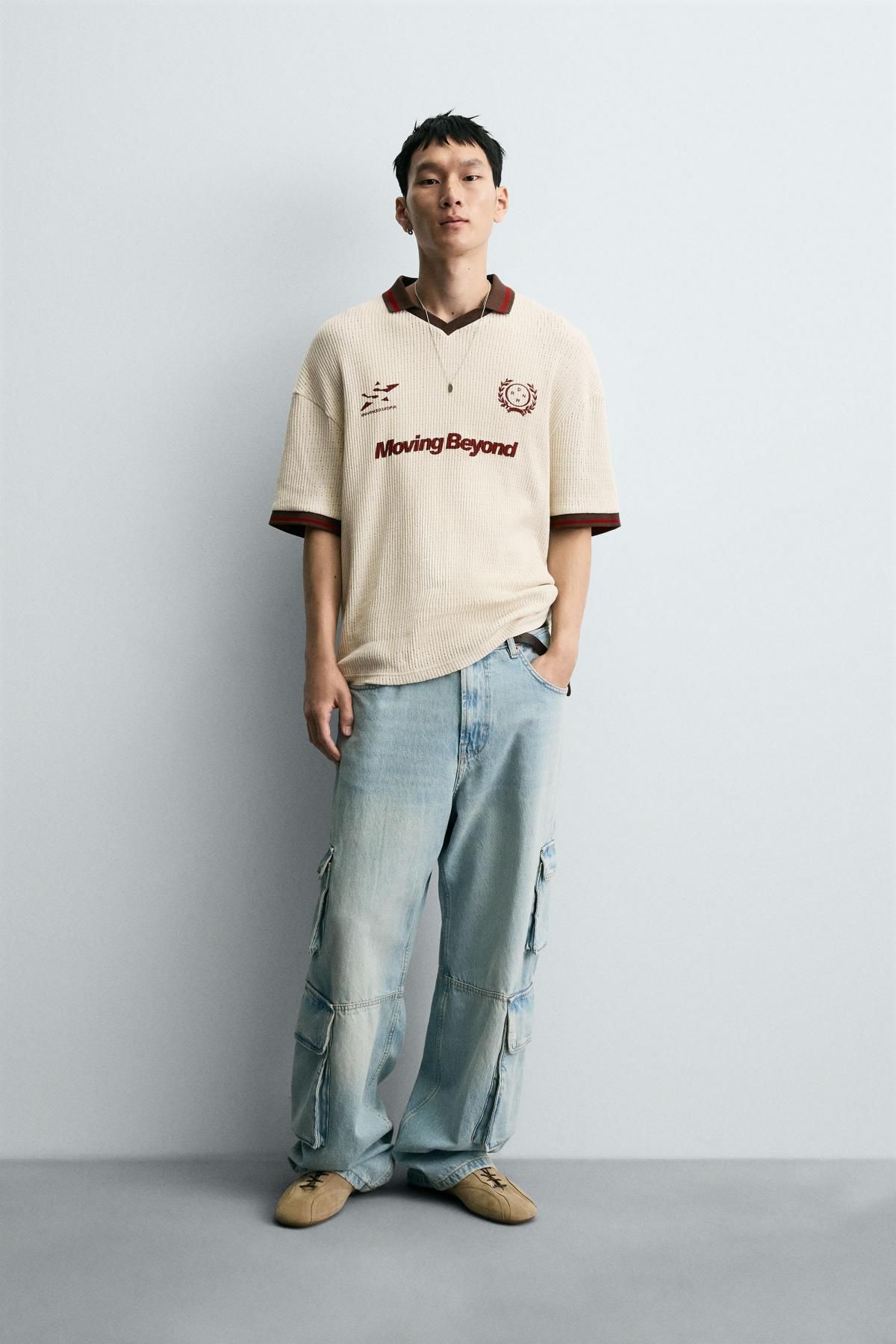 자라 레트로 텍스처 오픈니트 반팔 폴로셔츠 4087/334 OYSTER-WHITE - 상세 이미지 2