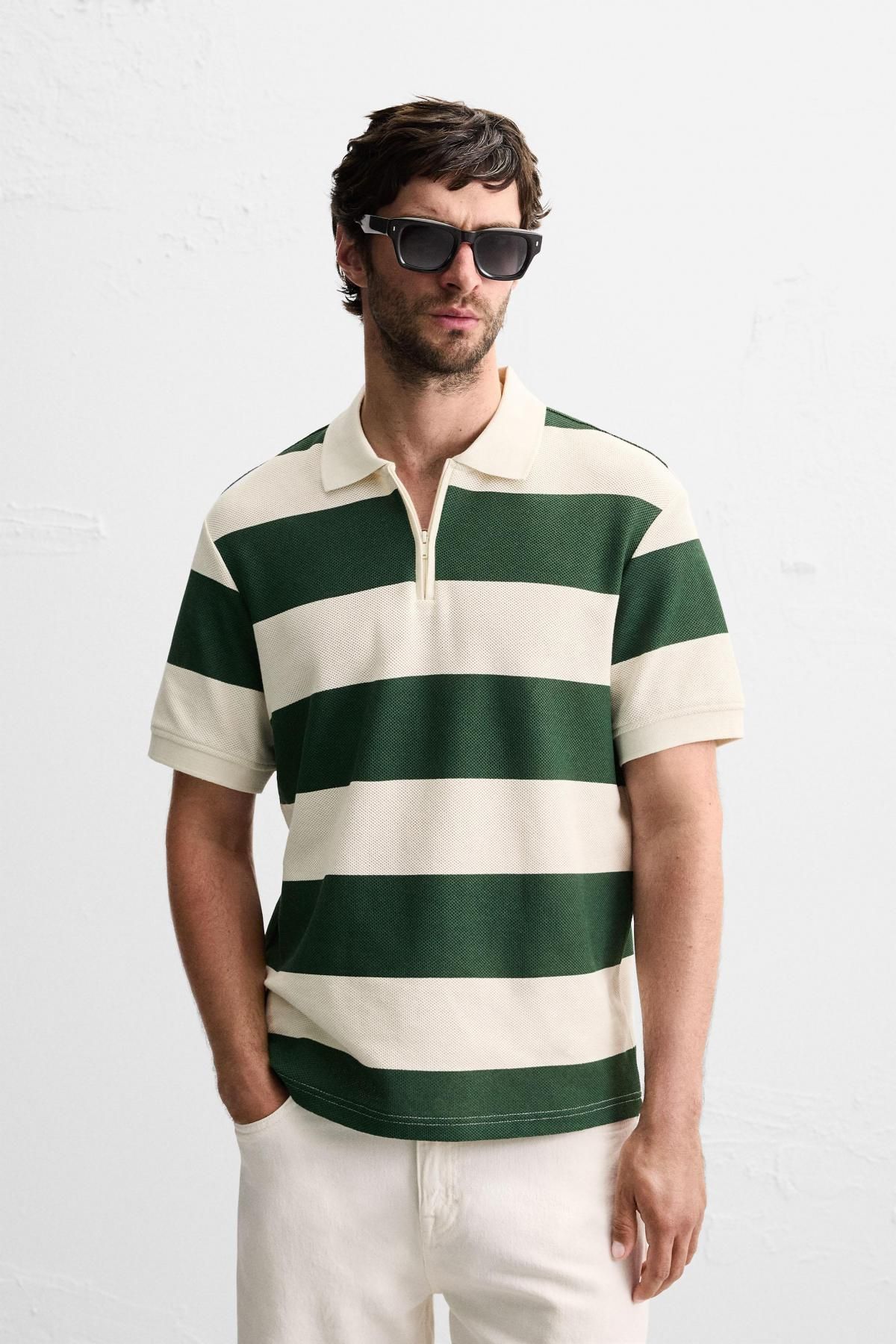 자라 스트라이프 지퍼넥 폴로셔츠 4087/467 WHITE / GREEN - 상세 이미지 3