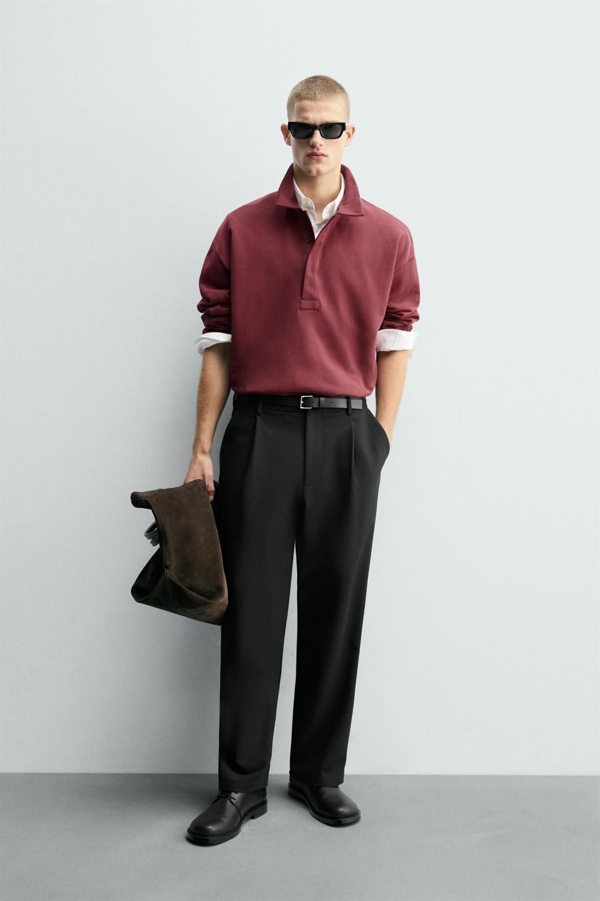자라 모던 박시핏 긴팔 폴로셔츠 버건디 코튼 4087/372 BURGUNDY - 상세 이미지 2