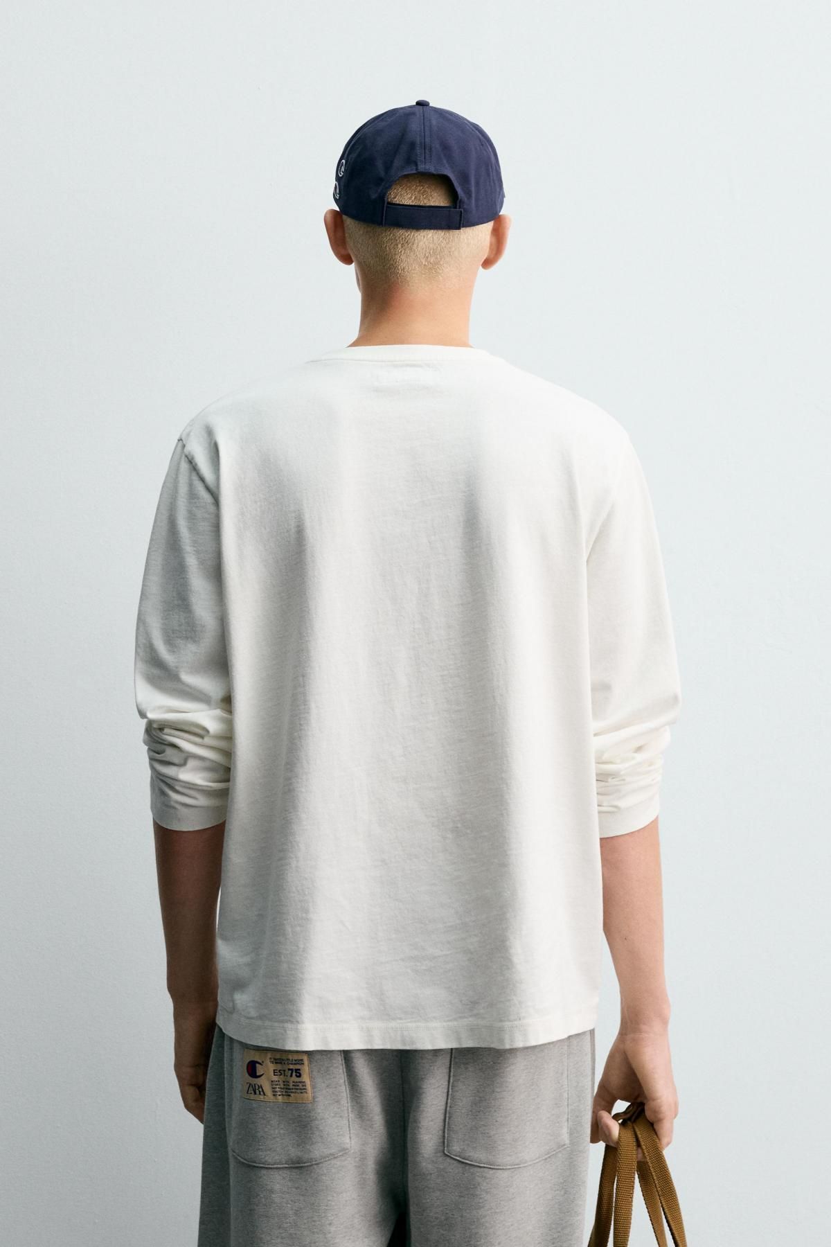 자라 라운드넥 코튼 긴팔 티셔츠 X 챔피온 4087/376 OYSTER-WHITE - 상세 이미지 4