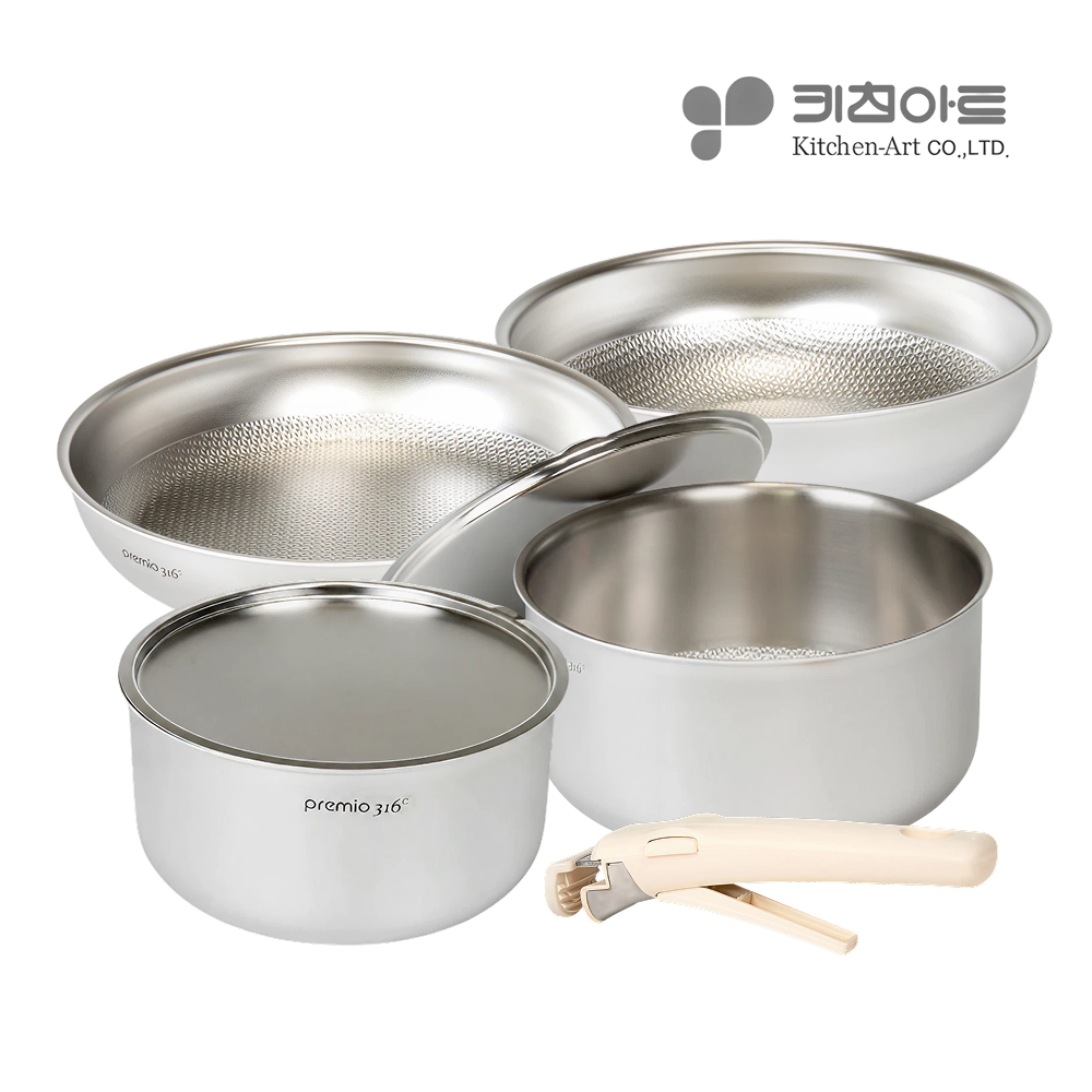 연마제 사용안한 냄비 프라이팬 세트 키친아트 스테인리스 316 탈부착 무연마제 통5중 4종, 냄비18+24+프라이28+궁중26, 1세트 - 메인 이미지