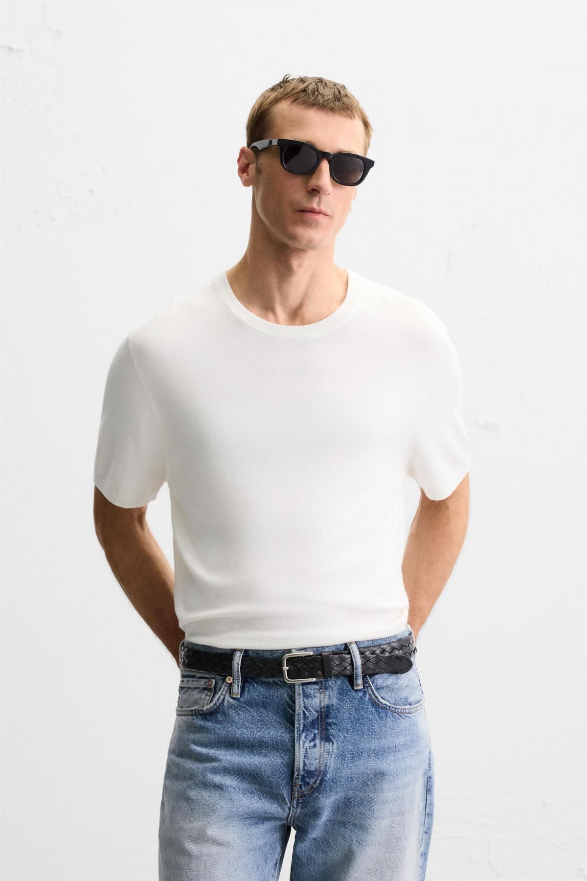 자라 미니멀 화이트 비스코스 블렌드 니트 반팔 티셔츠 0304/406 OYSTER-WHITE - 상세 이미지 3