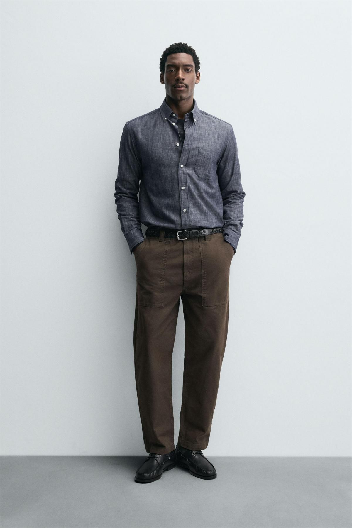 자라 워시드 코튼 스트레이트핏 팬츠 7147/435 BROWN - 상세 이미지 2