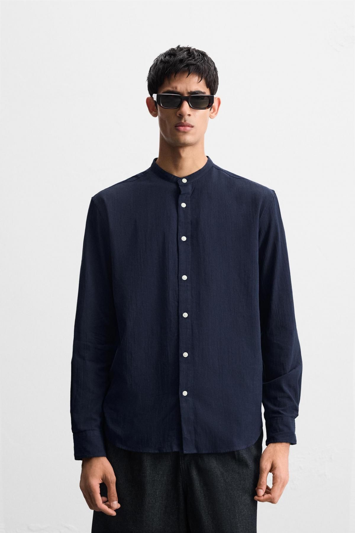 자라 크링클 코튼 밴드카라 긴팔 셔츠 네이비 6103/400 NAVY BLUE - 상세 이미지 3