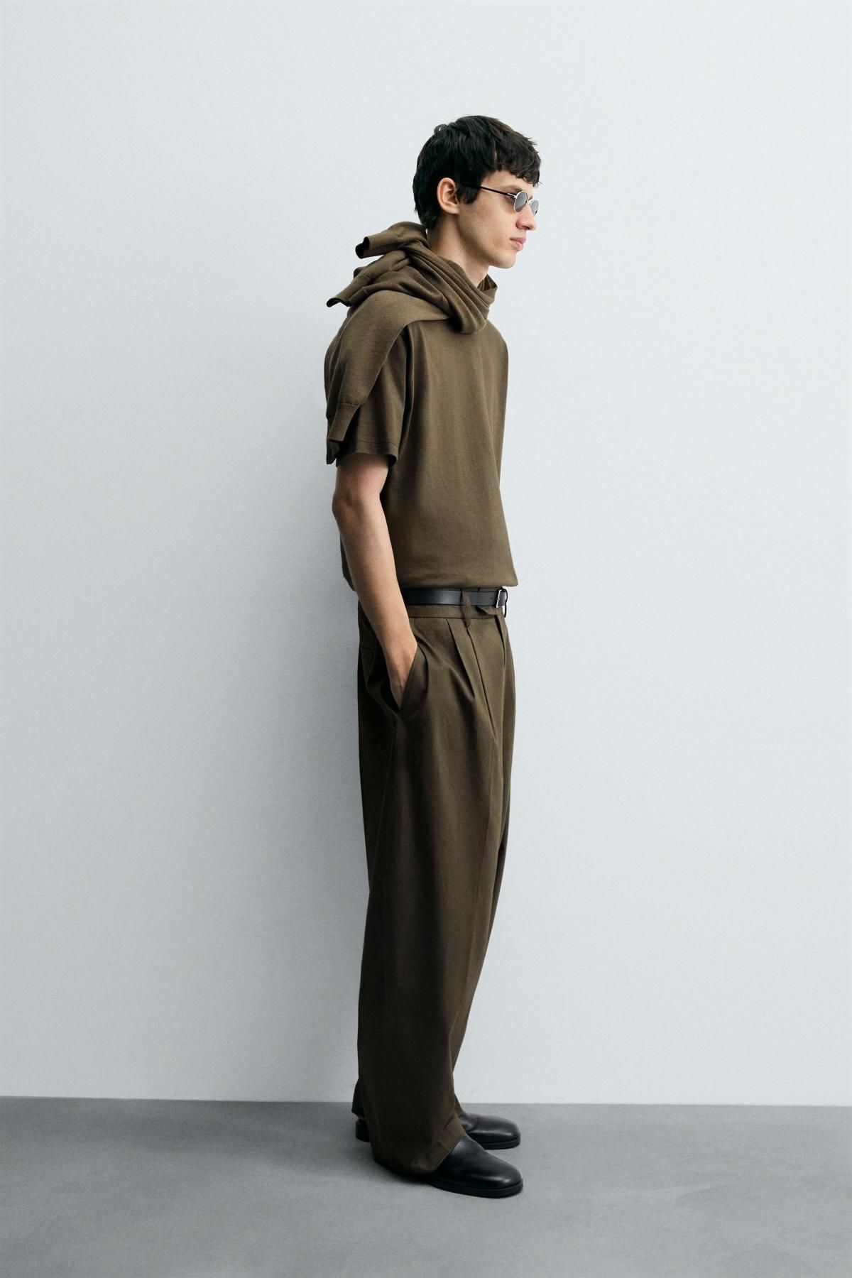 자라 와이드핏 테크니컬 플리츠 팬츠 8281/760 LIGHT KHAKI - 상세 이미지 4