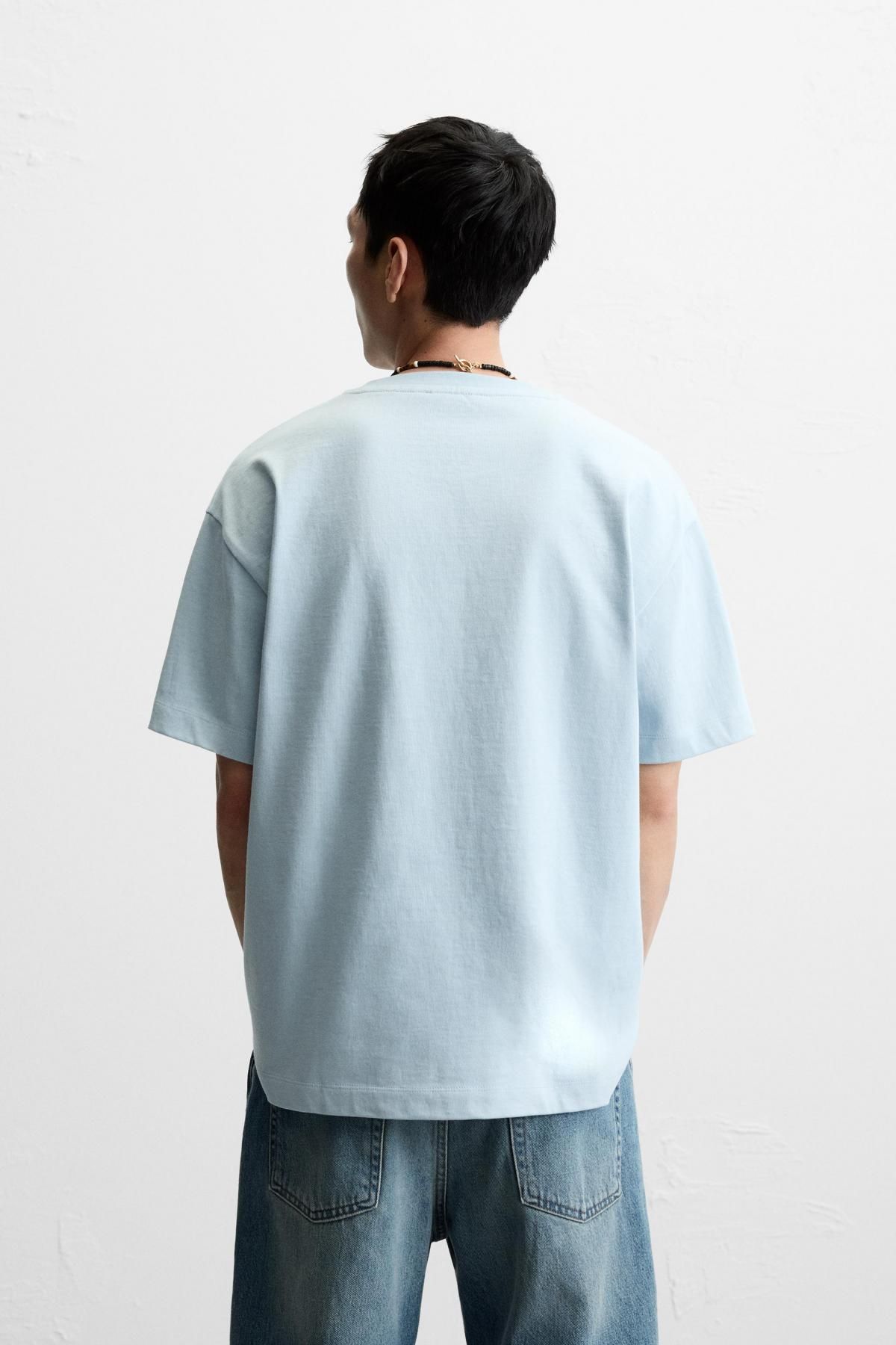 자라 컴팩트코튼 라운드넥 오버핏 베이직 반팔 티셔츠 1887/455 LIGHT BLUE - 상세 이미지 4