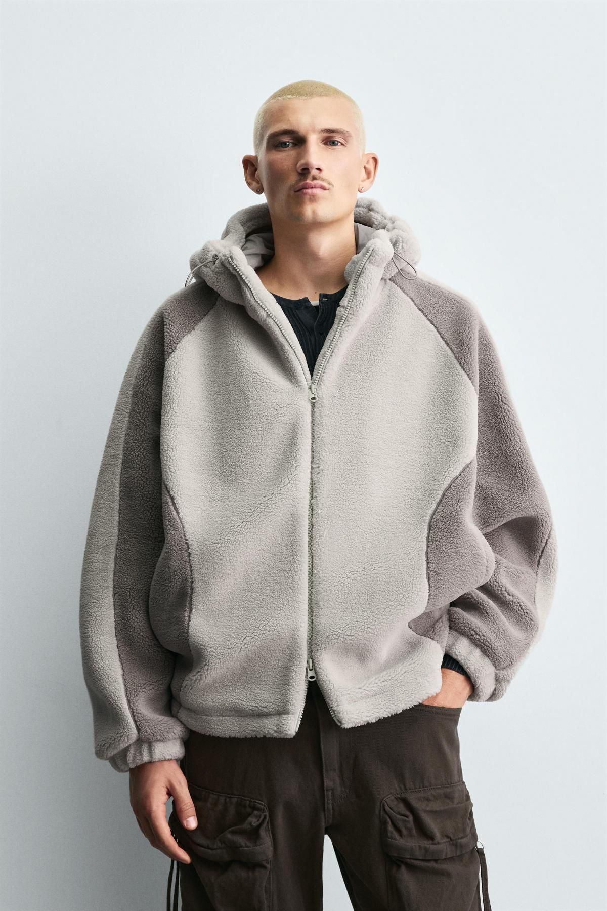 자라 테크니컬 컬러블록 페이크 시어링 후드 집업 8281/424 OYSTER-WHITE - 상세 이미지 3