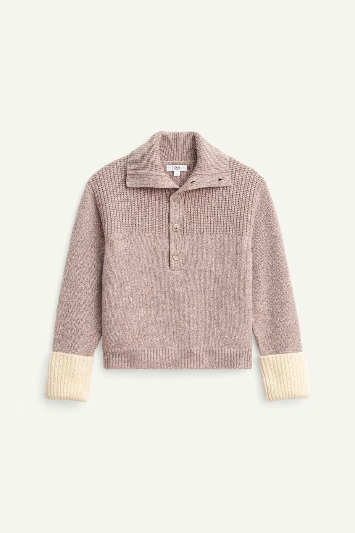 자라 울 테크니컬 버튼업 하이넥 배색 니트 스웨터 5536/312 BROWN / TAUPE - 메인 이미지