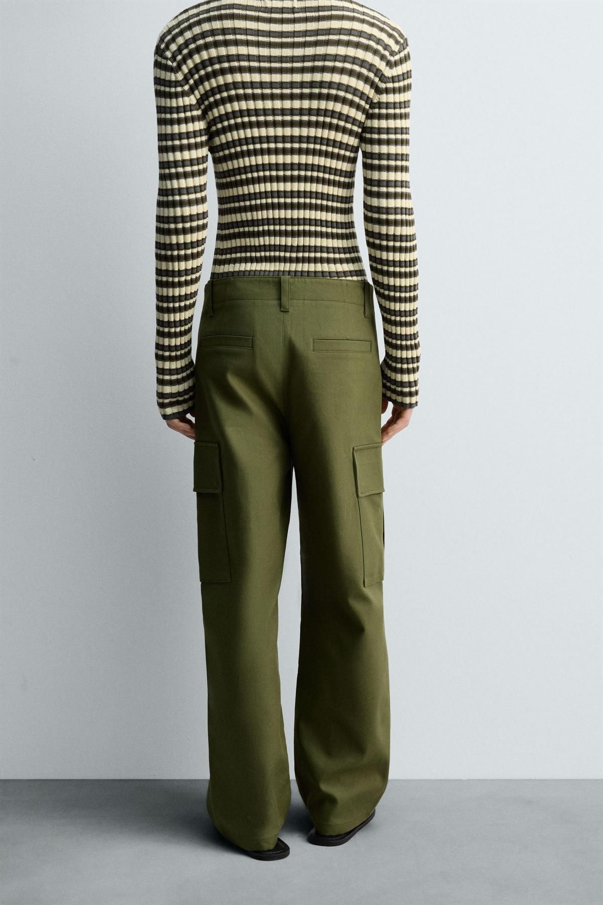 자라 테크니컬 컴팩트 코튼 트윌 카고 와이드 팬츠 5852/320 KHAKI - 상세 이미지 3