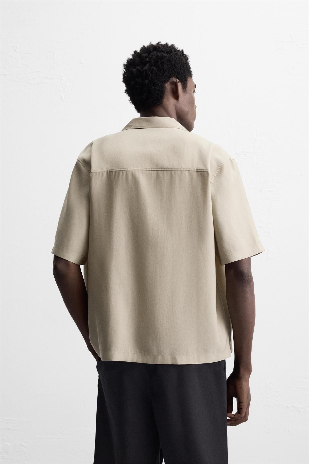 자라 테크니컬 라이트베이지 릴렉스핏 라이오셀 반팔 셔츠 1195/430 OLIVE GREEN - 상세 이미지 4