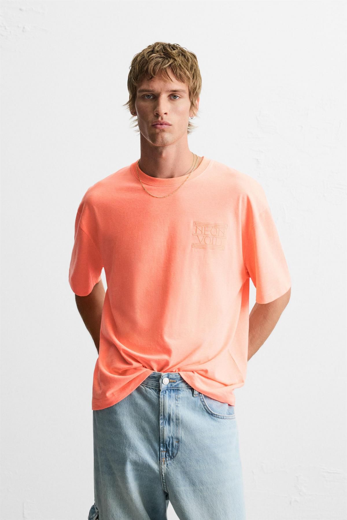 자라 코랄 자수 레터링 반팔 티셔츠 1165/305 NEON ORANGE - 상세 이미지 3