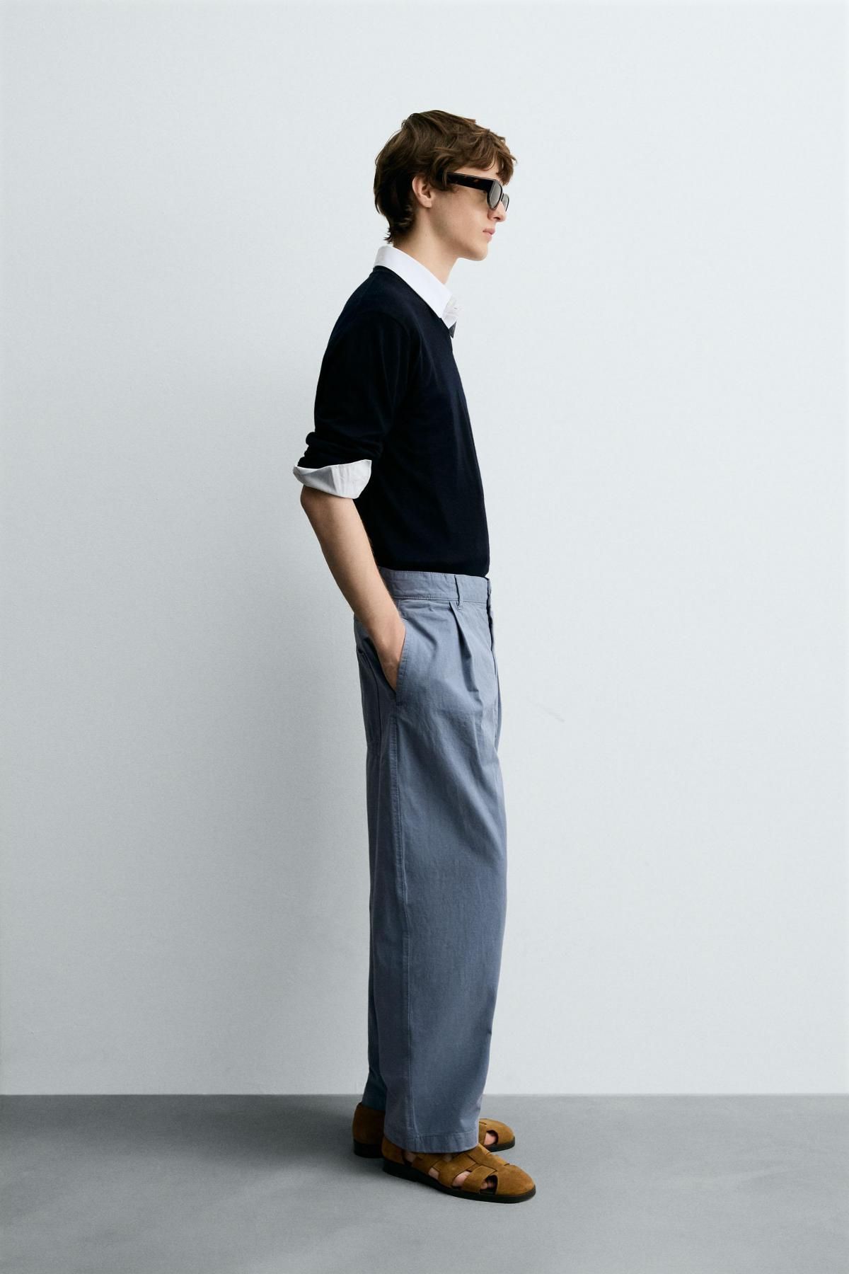 자라 테크니컬 와이드 배기핏 코튼 린넨 플리츠 팬츠 6861/966 GREY / BLUE - 상세 이미지 4