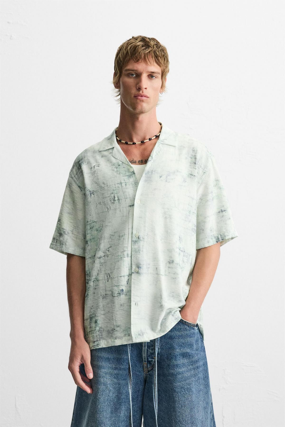 자라 비스코스 릴렉스핏 앱스트랙 프린트 반팔 셔츠 7545/310 GREENISH - 상세 이미지 3
