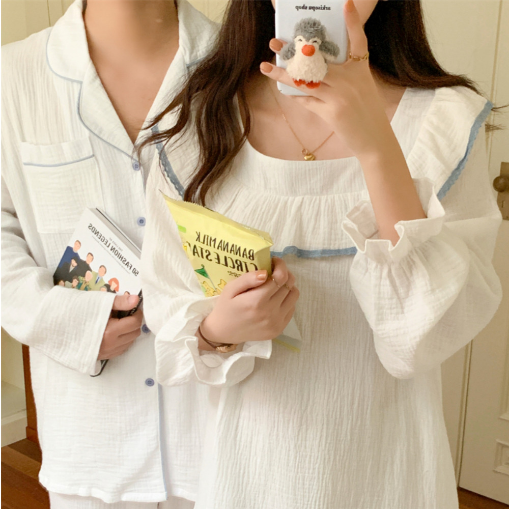 요루면잠옷 신혼부부커플잠옷 원피스파자마 순면 화이트 긴팔 홈웨어 세트 - 상세 이미지 2