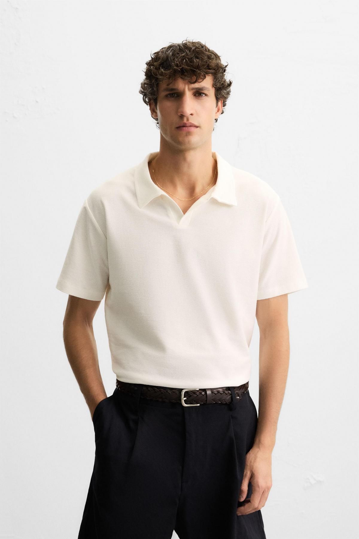 자라 아이보리 텍스처 레귤러핏 반팔 폴로셔츠 5372/301 OYSTER-WHITE - 상세 이미지 3