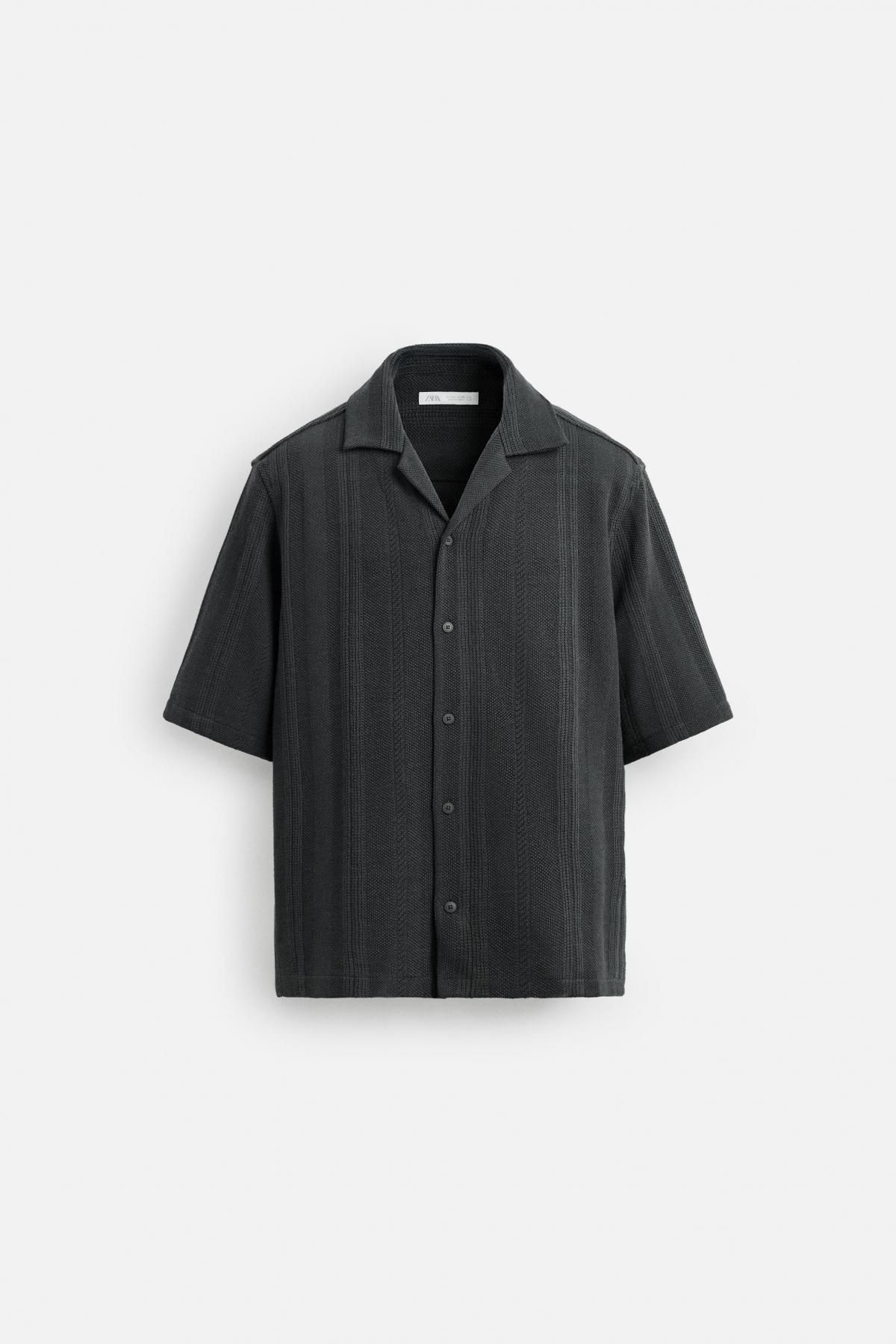 자라 텍스처 릴랙스핏 캠프카라 반팔 셔츠 4840/140 ANTHRACITE GREY - 메인 이미지