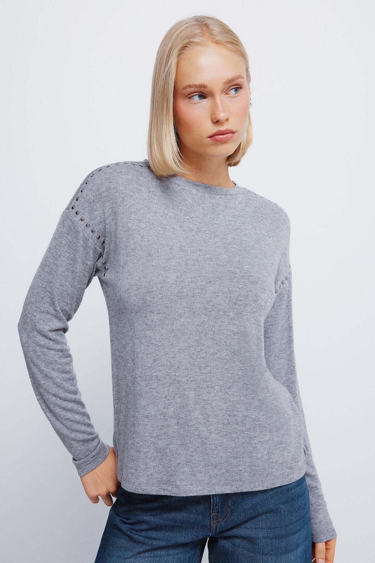 스프링필드 메탈 스터드 라운드넥 긴팔 티셔츠 0072730 GRIS - 상품 이미지