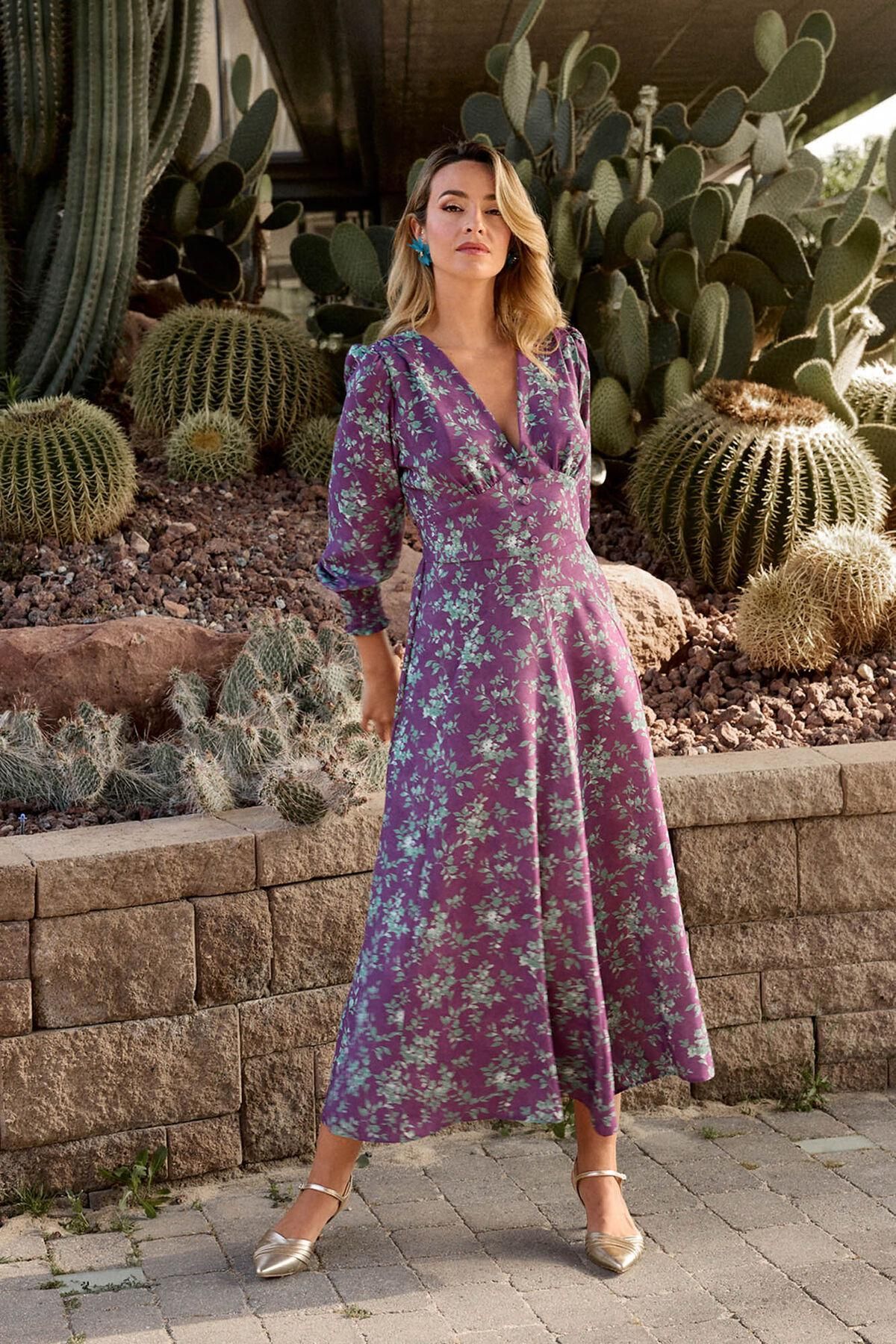 폴린에무아 플라워 퍼플 브이넥 버튼 롱 원피스 6442314 LILA - 상품 이미지