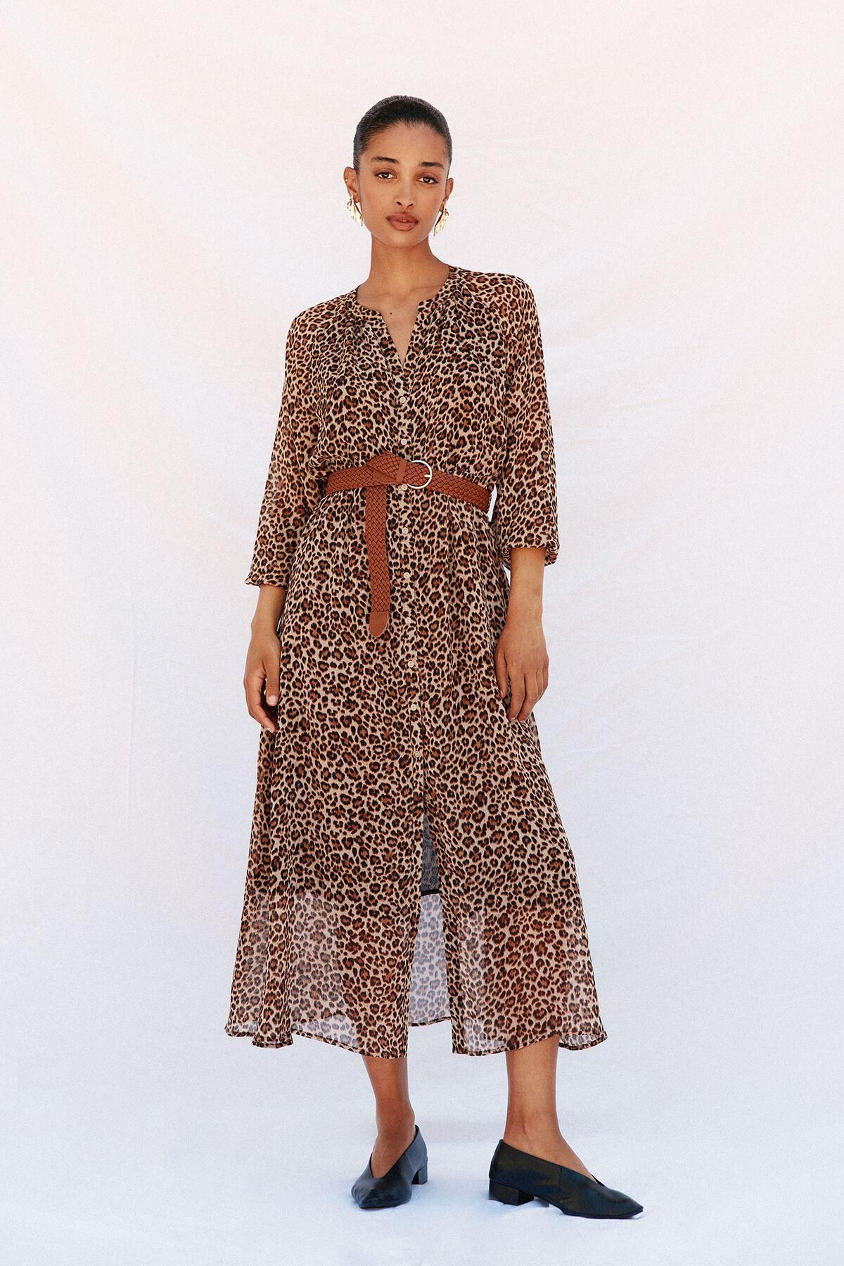 꼬르떼피엘 레오파드 벨트 브이넥 롱 원피스 1872508 ESTAMPADO MARRON - 상품 이미지