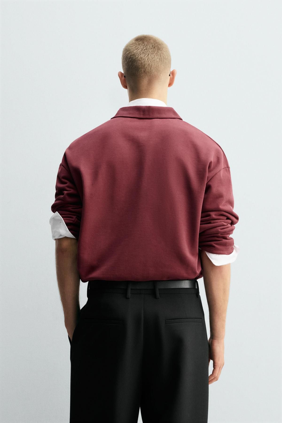 자라 모던 박시핏 긴팔 폴로셔츠 버건디 코튼 4087/372 BURGUNDY - 상세 이미지 4