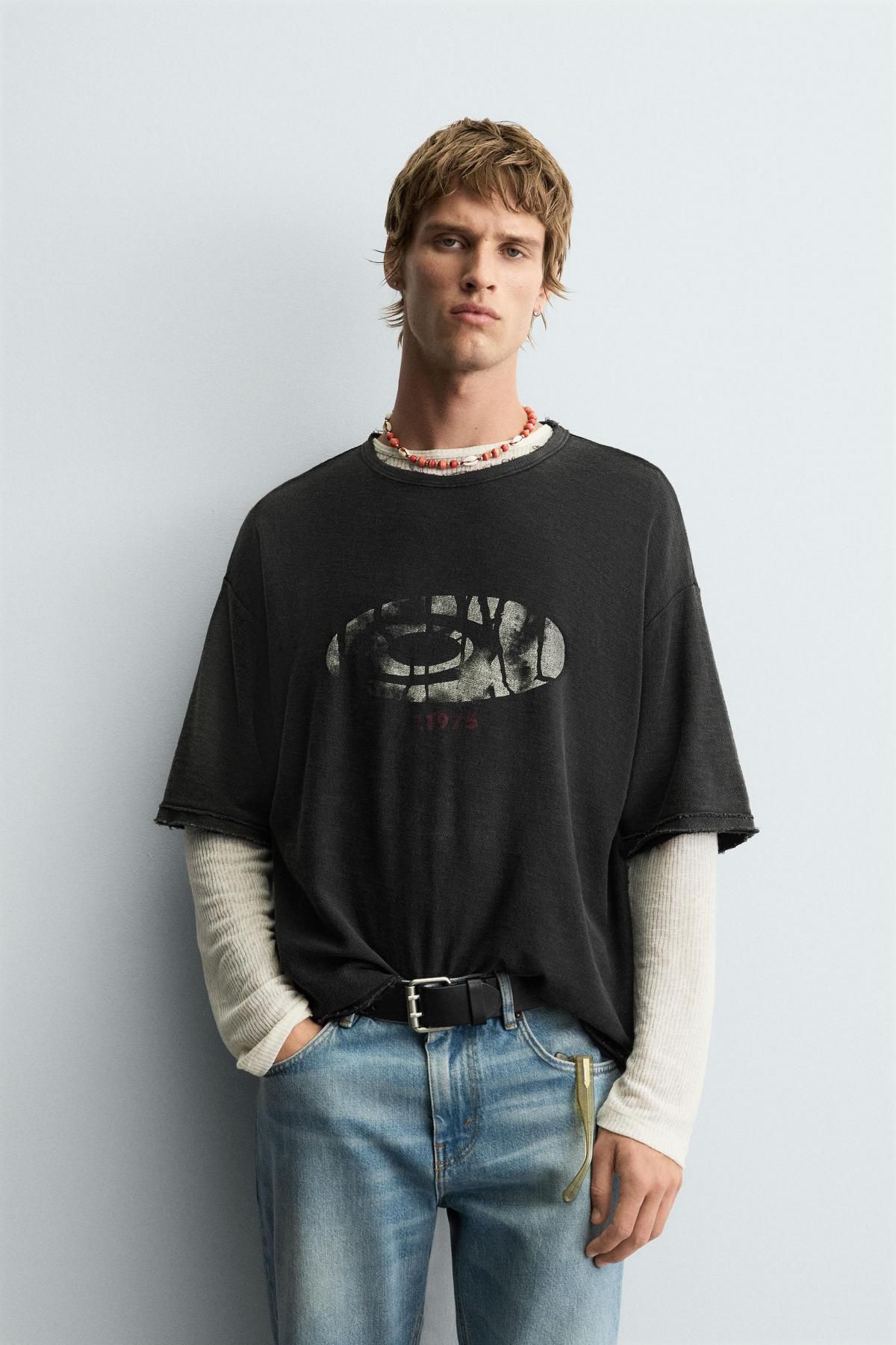 자라 워시드 테크니컬 프린트 니트 반팔 티셔츠 4805/315 BLACK - 상세 이미지 3