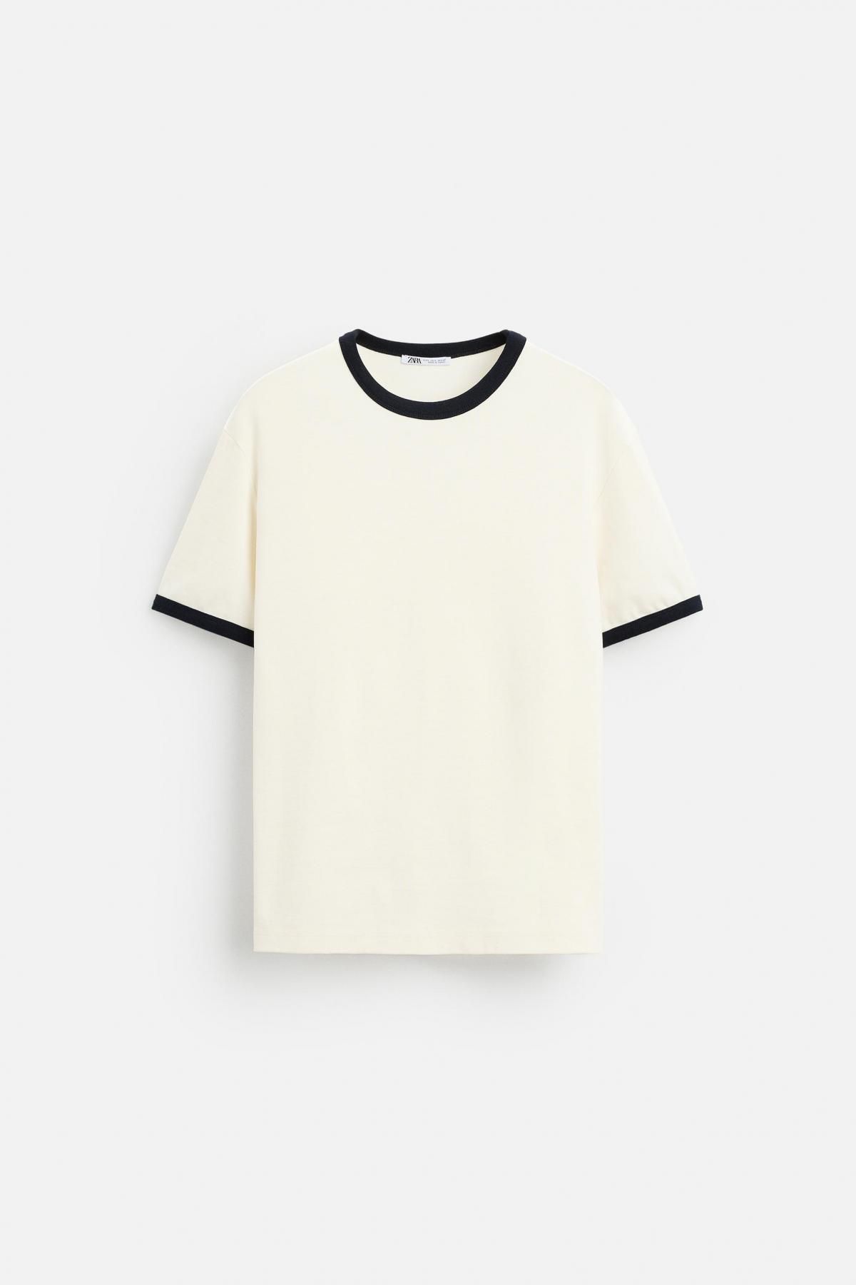 자라 배색 라운드넥 립 반팔 티셔츠 0761/412 OYSTER-WHITE - 메인 이미지
