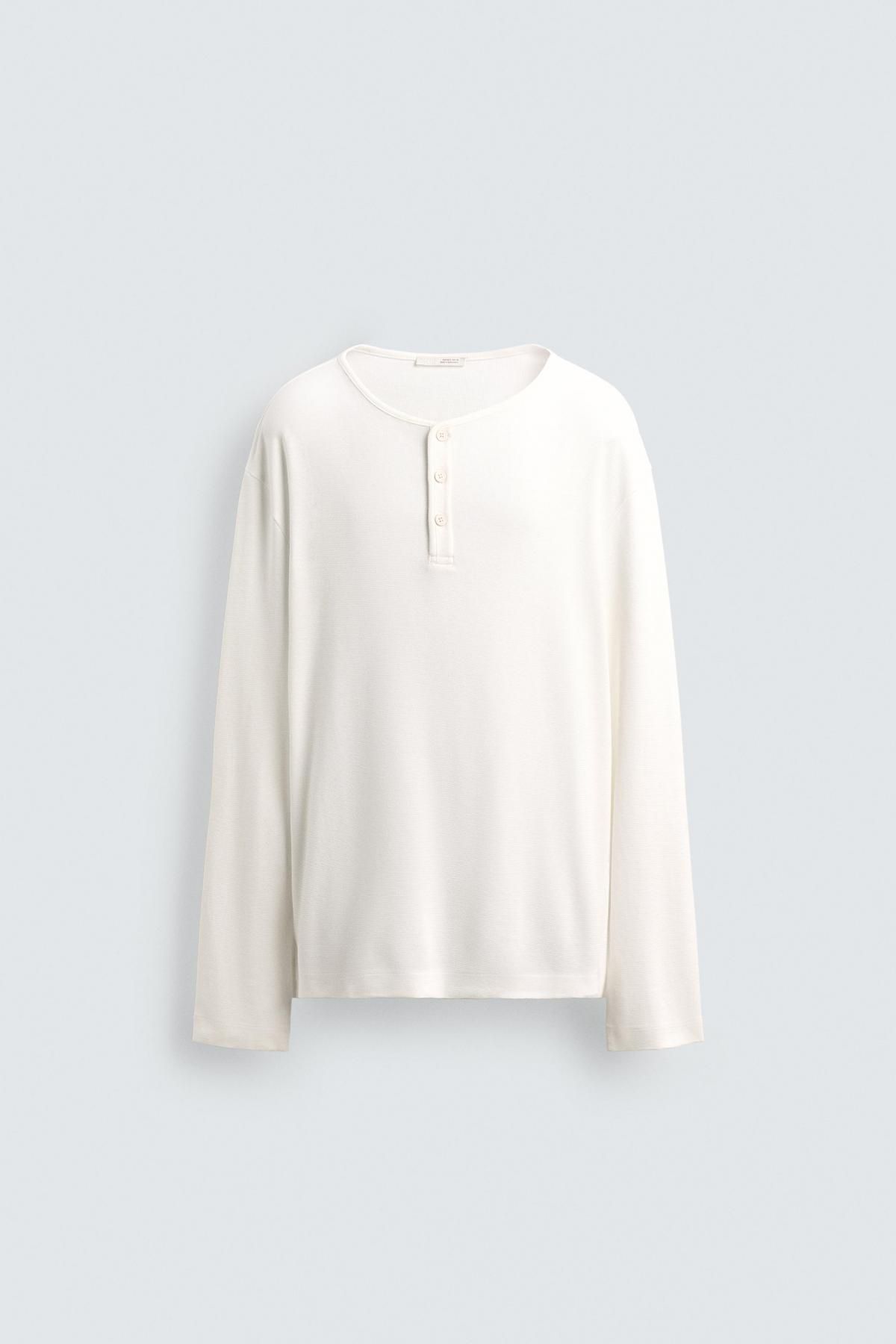 자라 화이트 미니멀 와플니트 버튼넥 긴팔 티셔츠 4092/336 OYSTER-WHITE - 메인 이미지