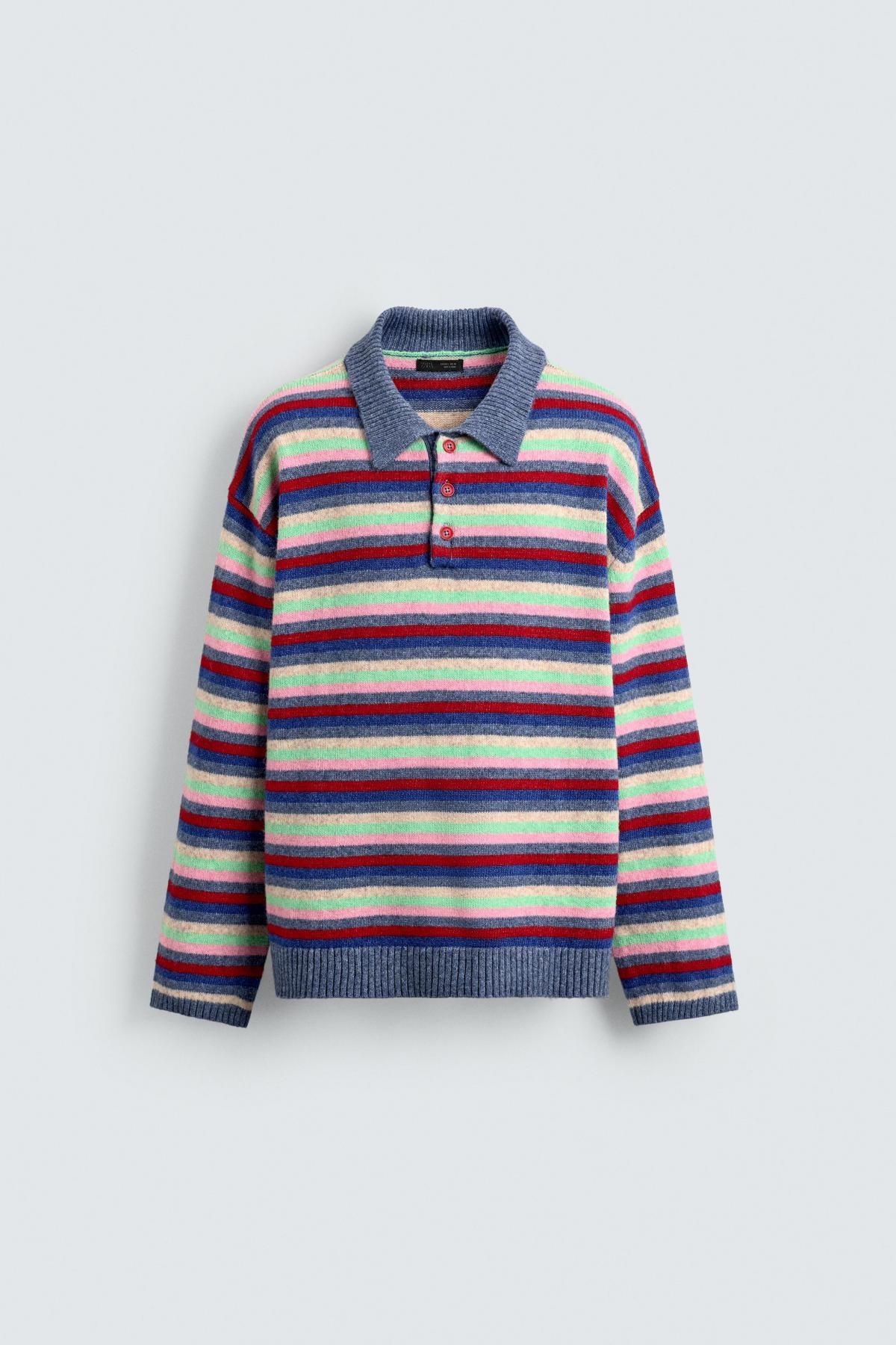 자라 스트라이프 자카드 니트 긴팔 폴로셔츠 0048/311 MULTICOLOURED - 상품 이미지