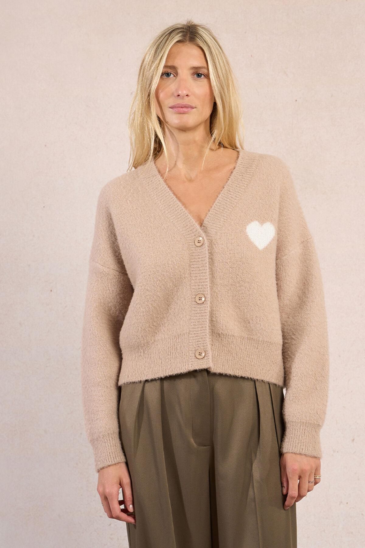 몰리브라켄 하트 디테일 브이넥 버튼 가디건 3762228 BEIGE - 상품 이미지