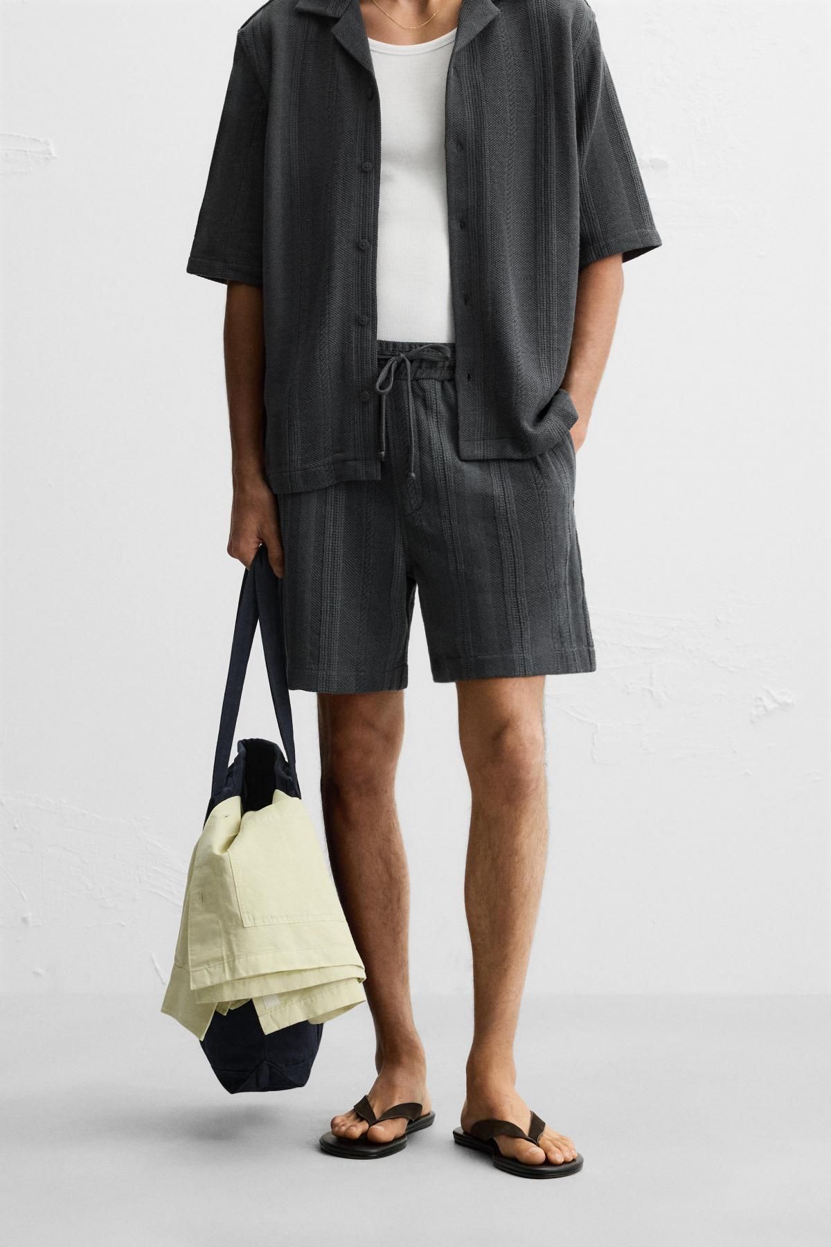 자라 자카드 텍스처 와이드 밴딩 버뮤다 반바지 4840/141 ANTHRACITE GREY - 상세 이미지 3