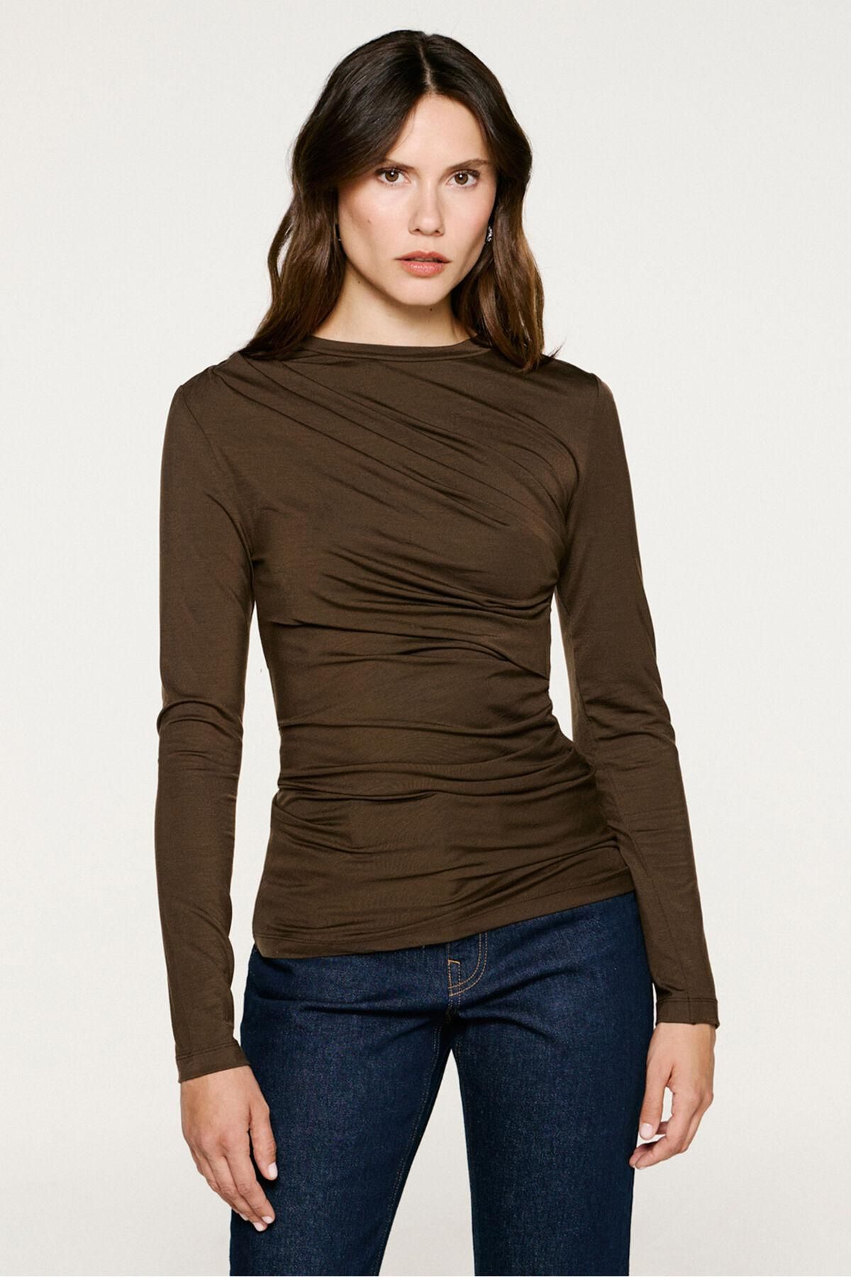 셀렉티드 슬림핏 셔링 긴팔 탑 브라운 7762388 MARRON OSCURO - 상품 이미지