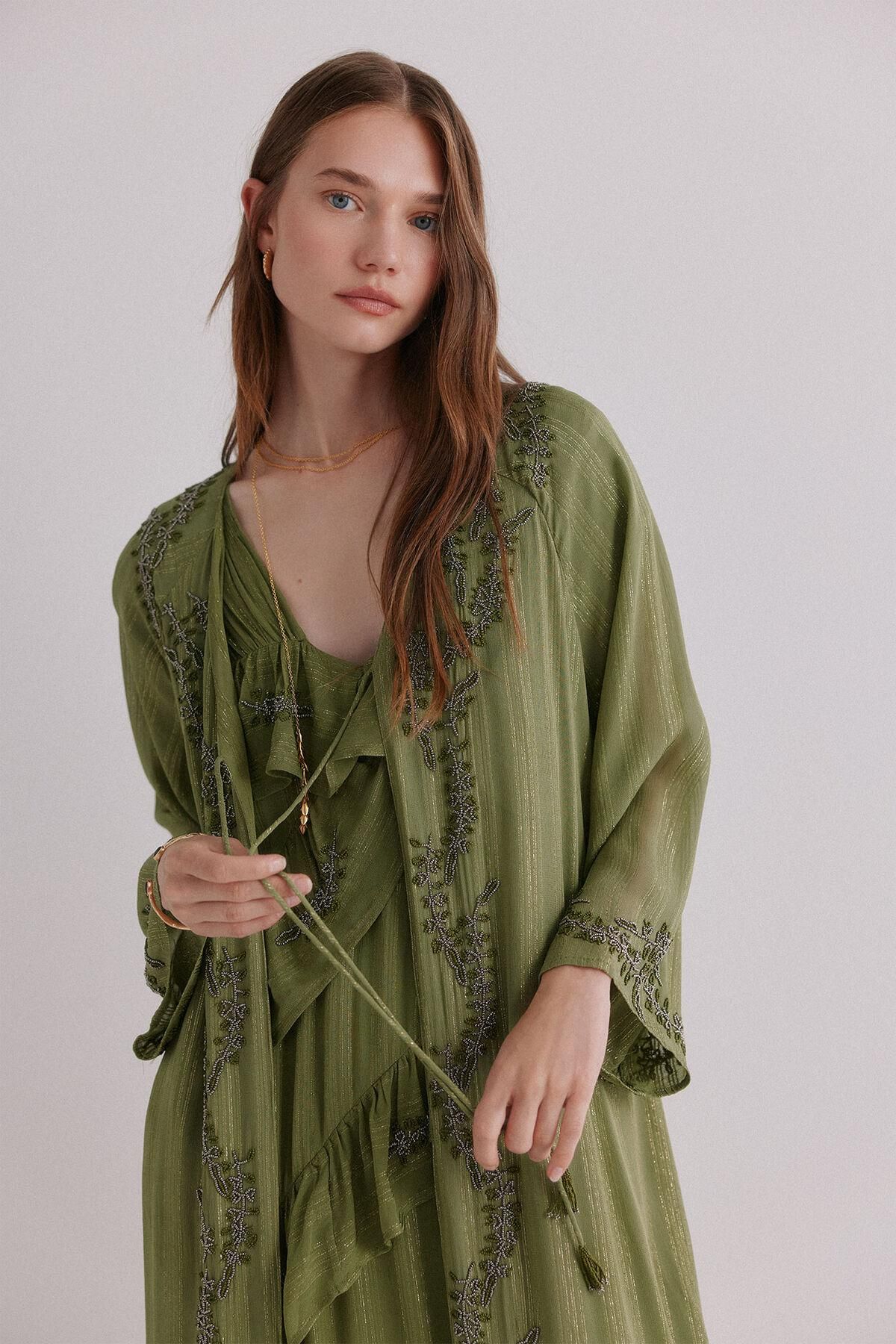 호스 인트로피아 메탈릭 플라워 자수 롱 기모노 가디건 5432680 VERDE - 상세 이미지 5