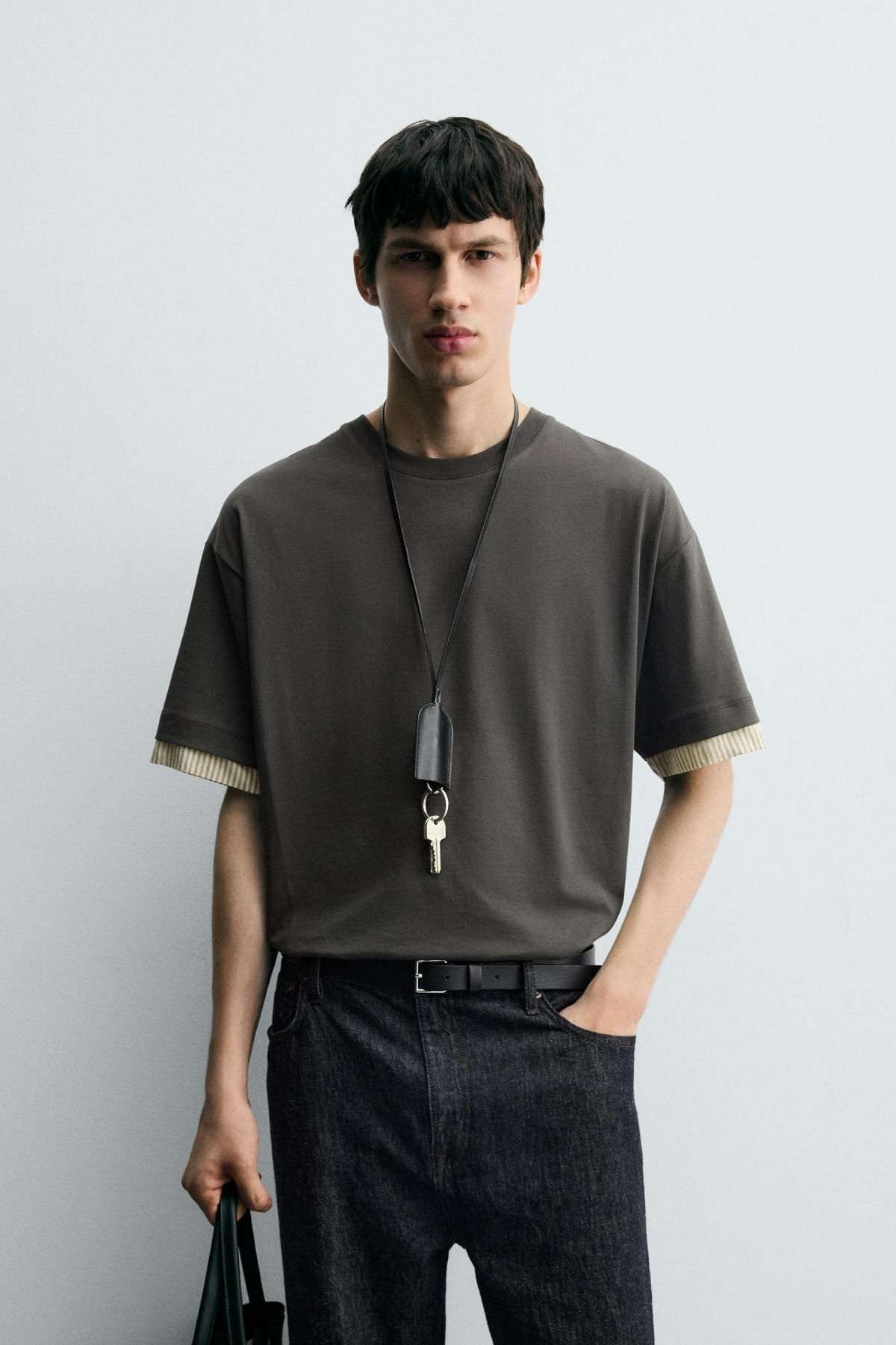 자라 테크니컬 배색 소매 반팔 티셔츠 3992/332 GREY GREEN - 상세 이미지 3