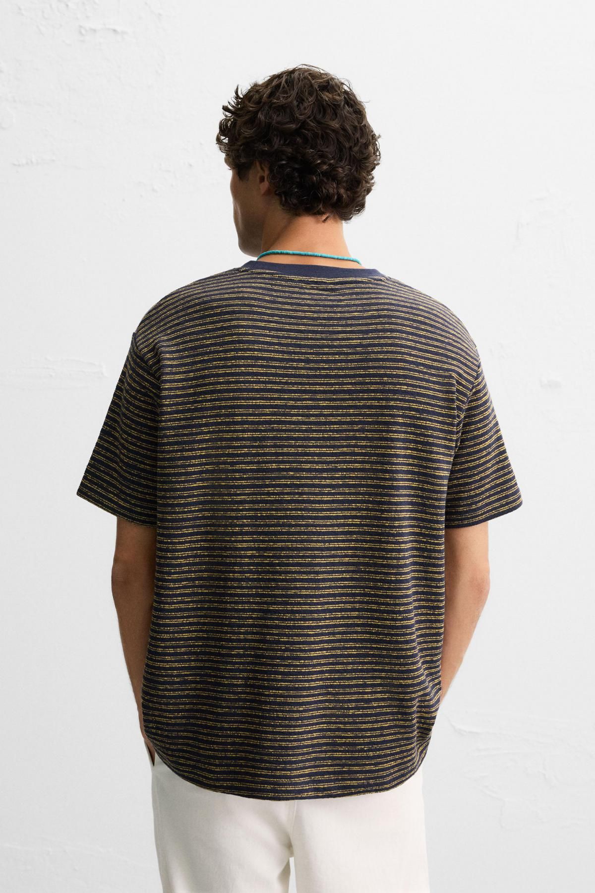 자라 스트라이프 자카드 릴렉스핏 반팔 티셔츠 5372/313 NAVY BLUE - 상세 이미지 4