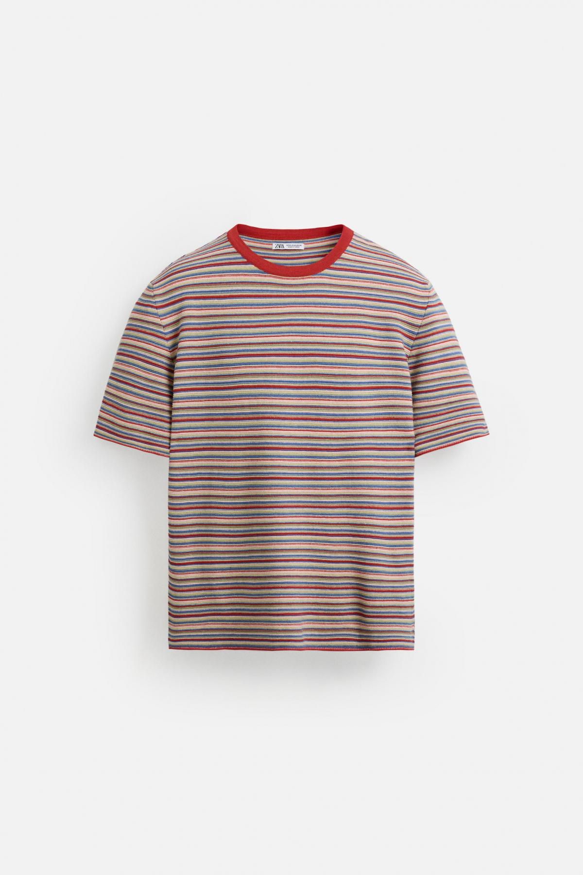 자라 멀티컬러 스트라이프 라운드넥 반팔 니트 티셔츠 6771/300 MULTICOLOURED - 메인 이미지