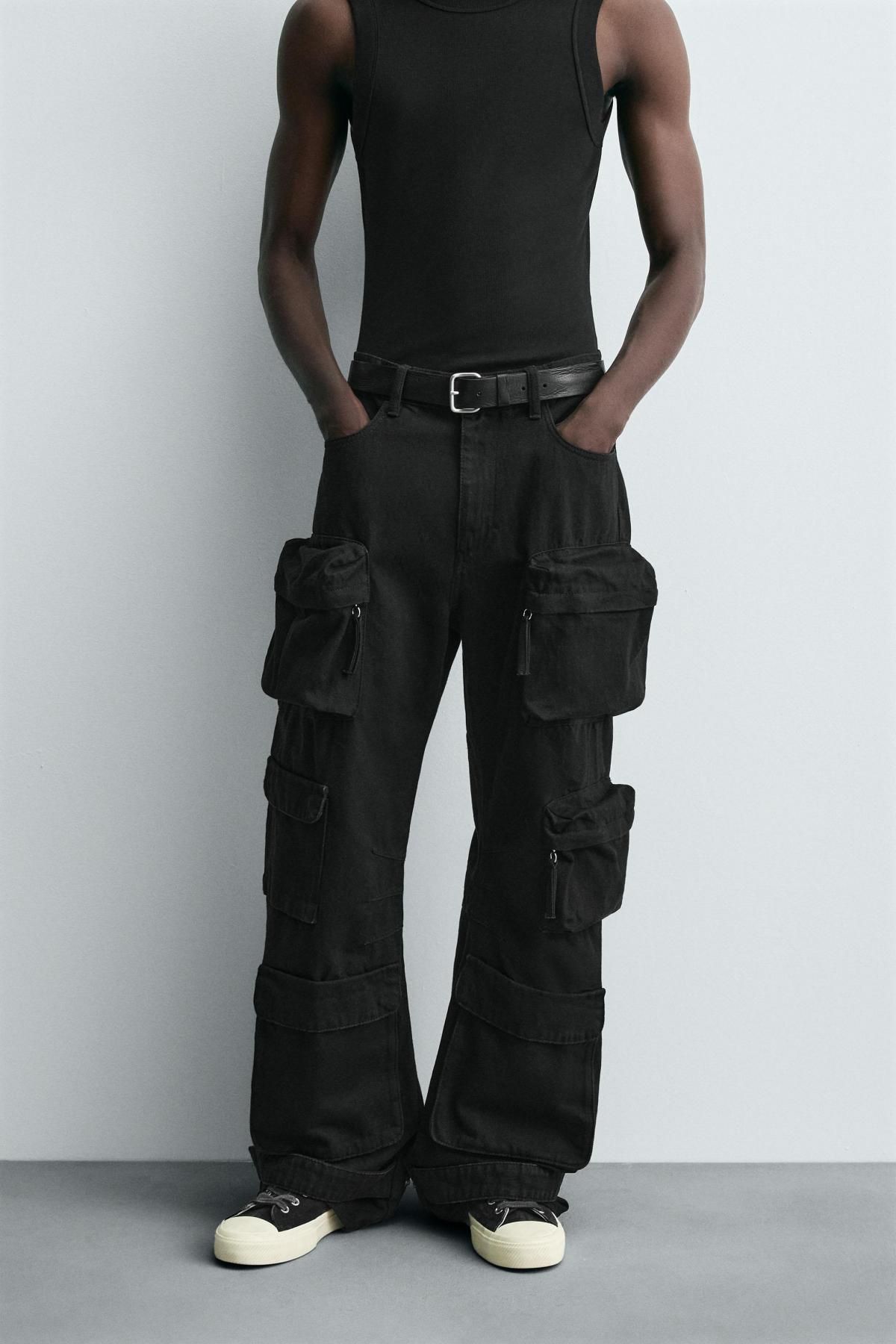자라 블랙 데님 카고 와이드 팬츠 멀티포켓 8062/351 BLACK - 상세 이미지 3