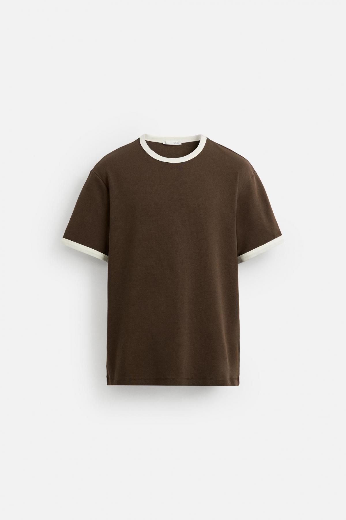 자라 미니멀 배색 골지 반팔 티셔츠 0761/412 BROWN / ECRU - 메인 이미지