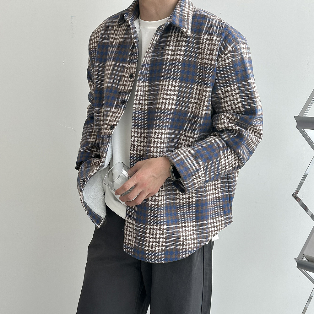 남자 기모셔츠 오버핏 모직 체크 남방 양털 레드 빨간 남자 셔츠 - 상세 이미지 5