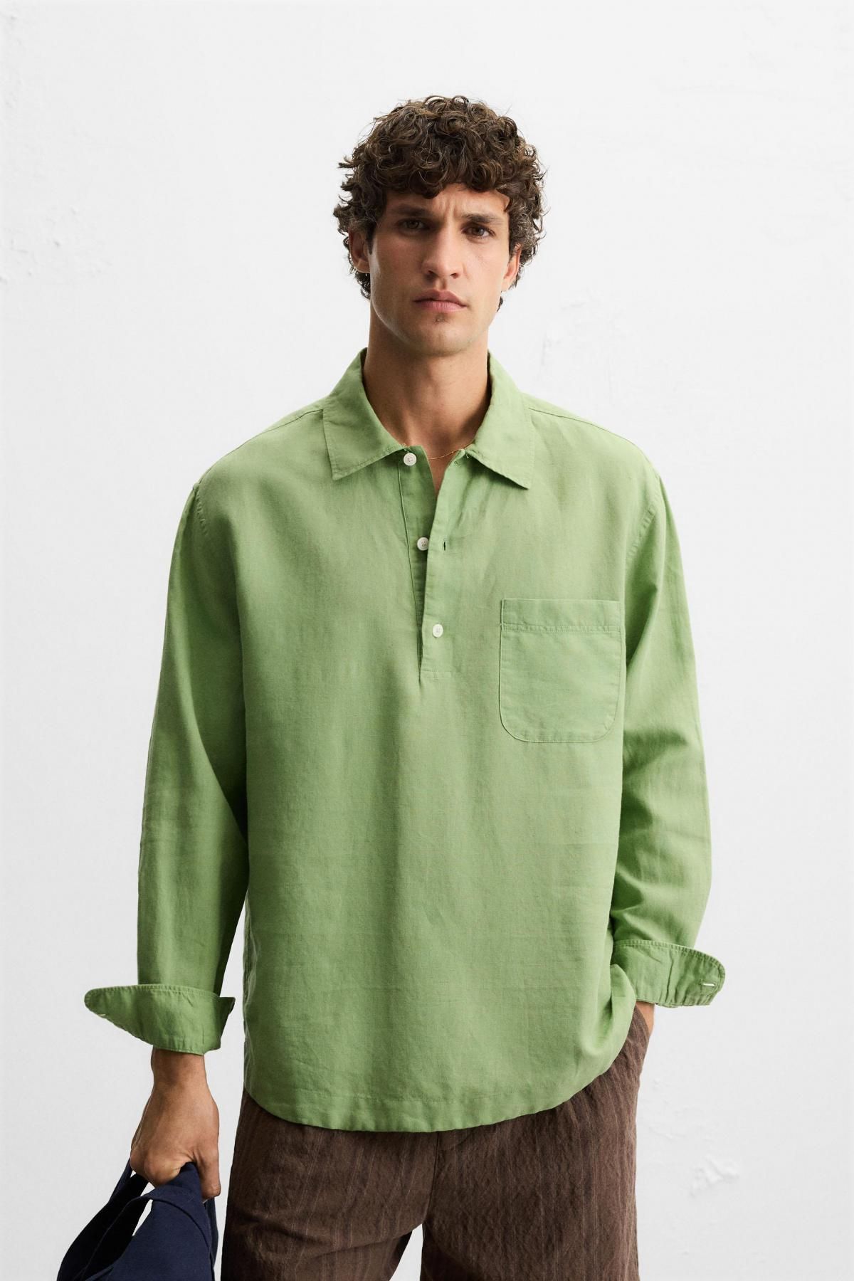 자라 린넨코튼 미니멀 긴팔 폴로셔츠 1063/304 LIGHT GREEN - 상세 이미지 3
