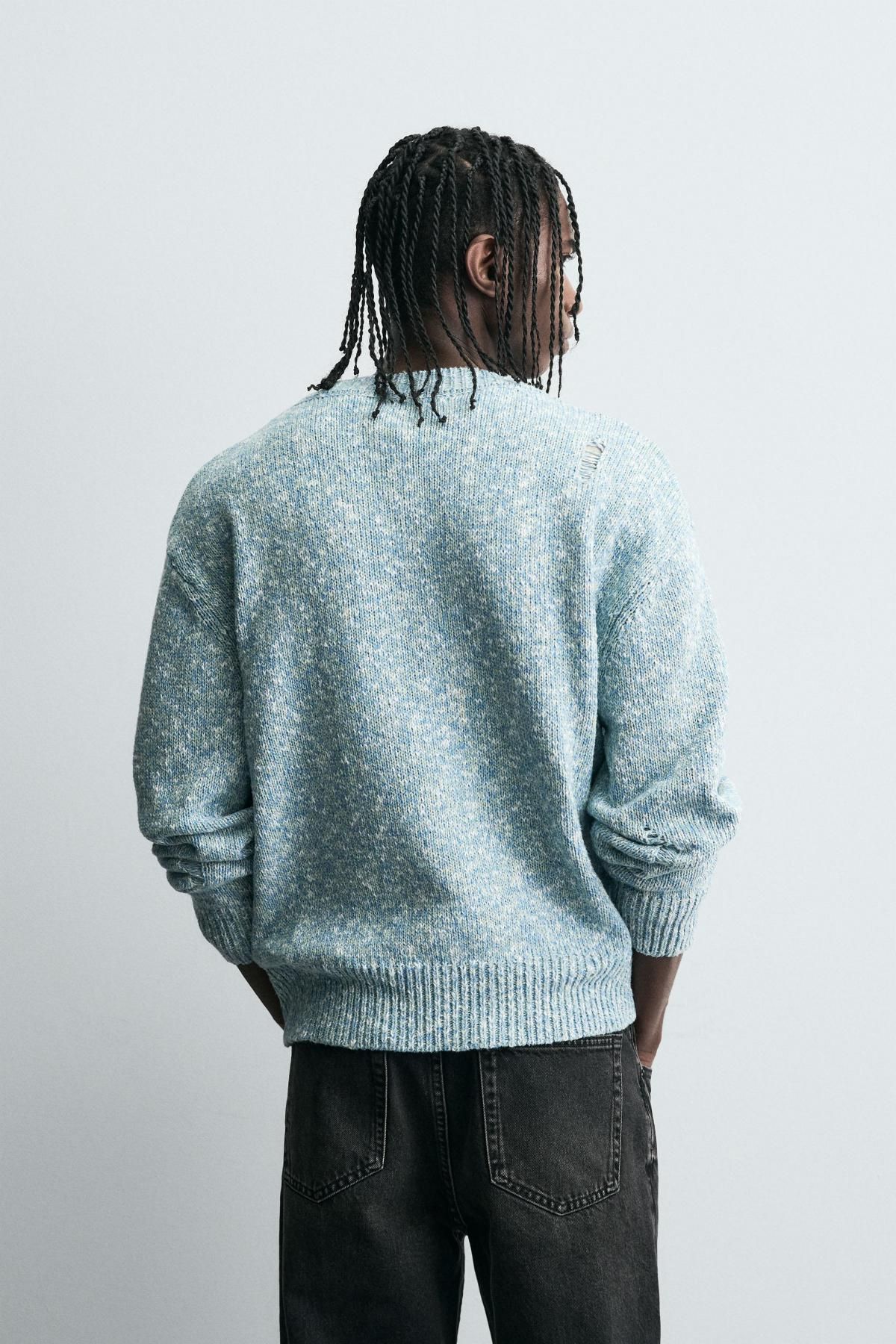 자라 트위스트 얀 디스트로이드 브이넥 가디건 3920/275 LIGHT BLUE - 상세 이미지 4
