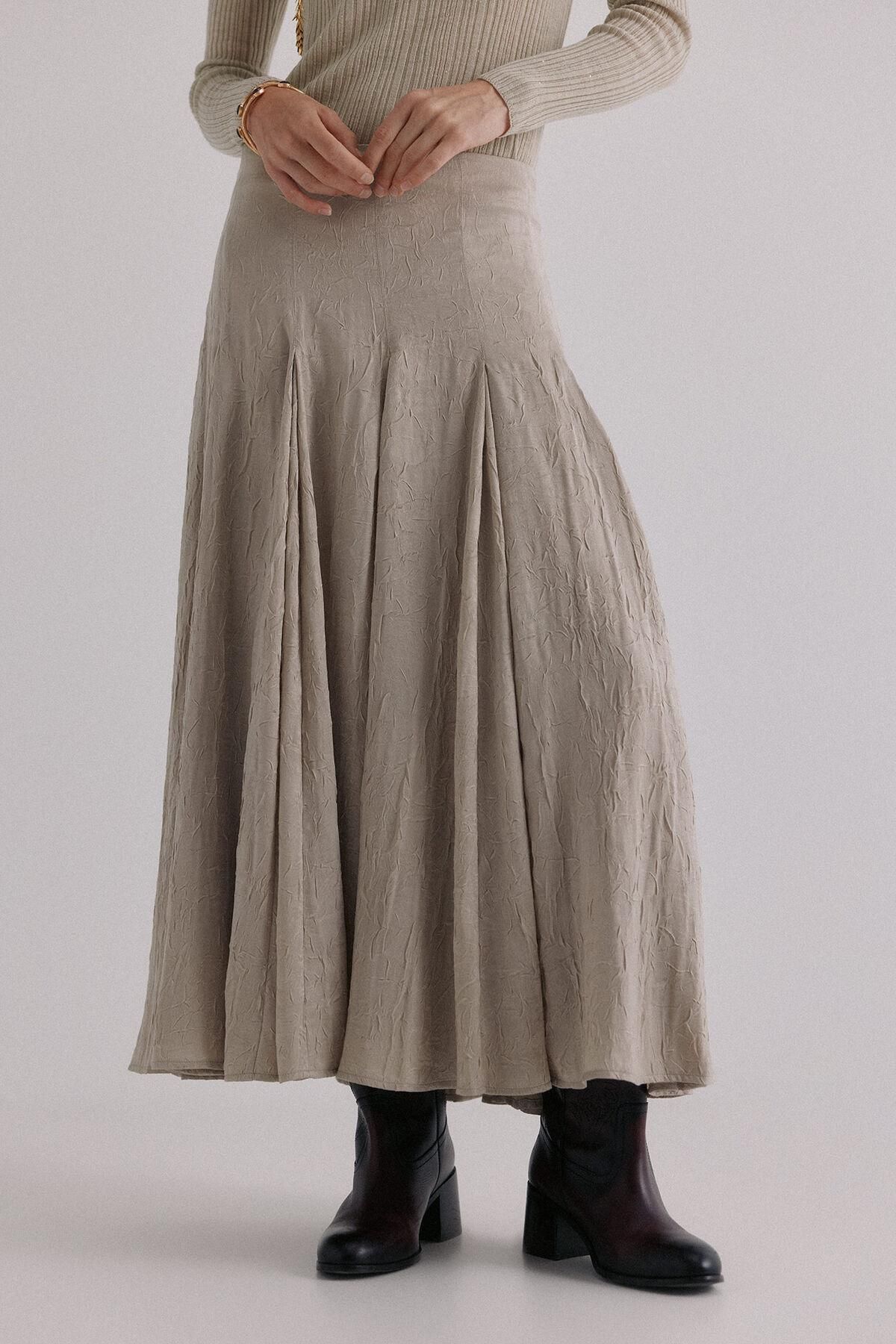 호스 인트로피아 텍스처 베이지 고데트 롱 스커트 8422456 GRIS - 상품 이미지