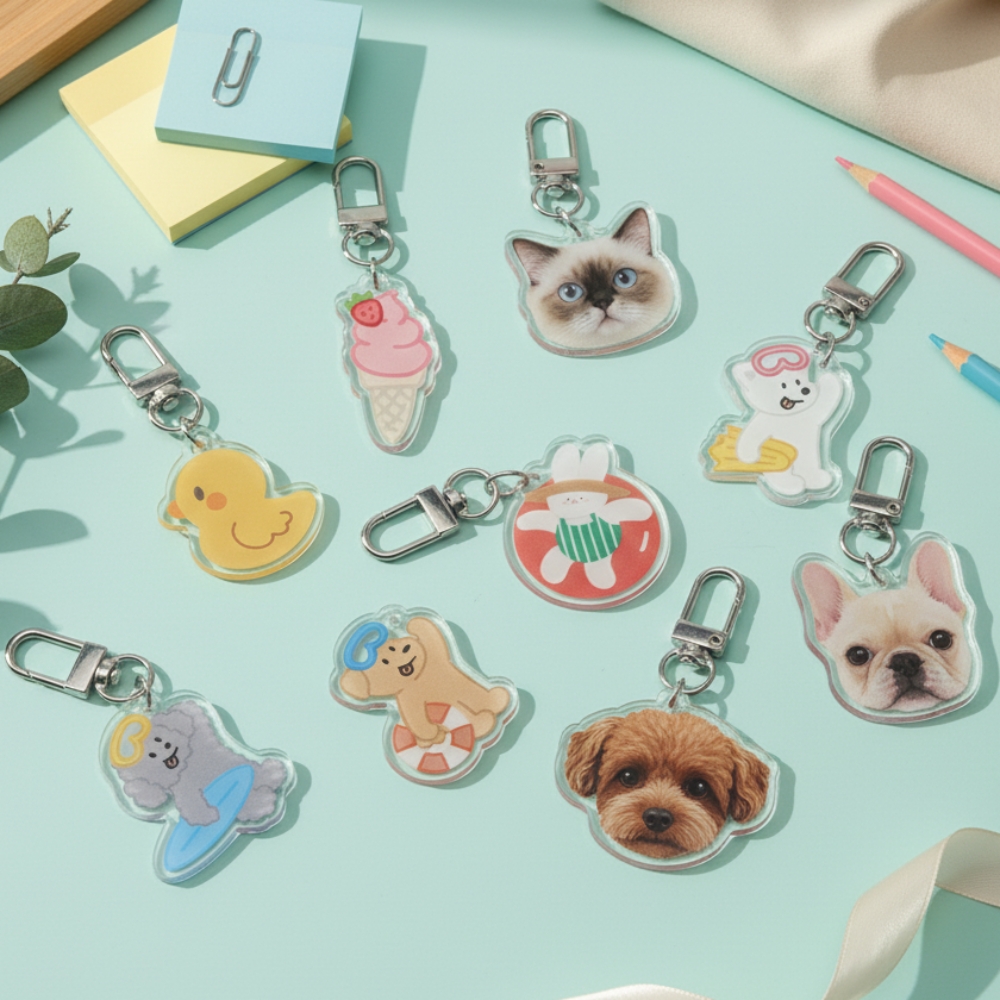 아크릴키링 주문 제작 커스텀 강아지 고양이 대량 굿즈 만들기 투명 50mm 이하 소량제작 - 상품 이미지