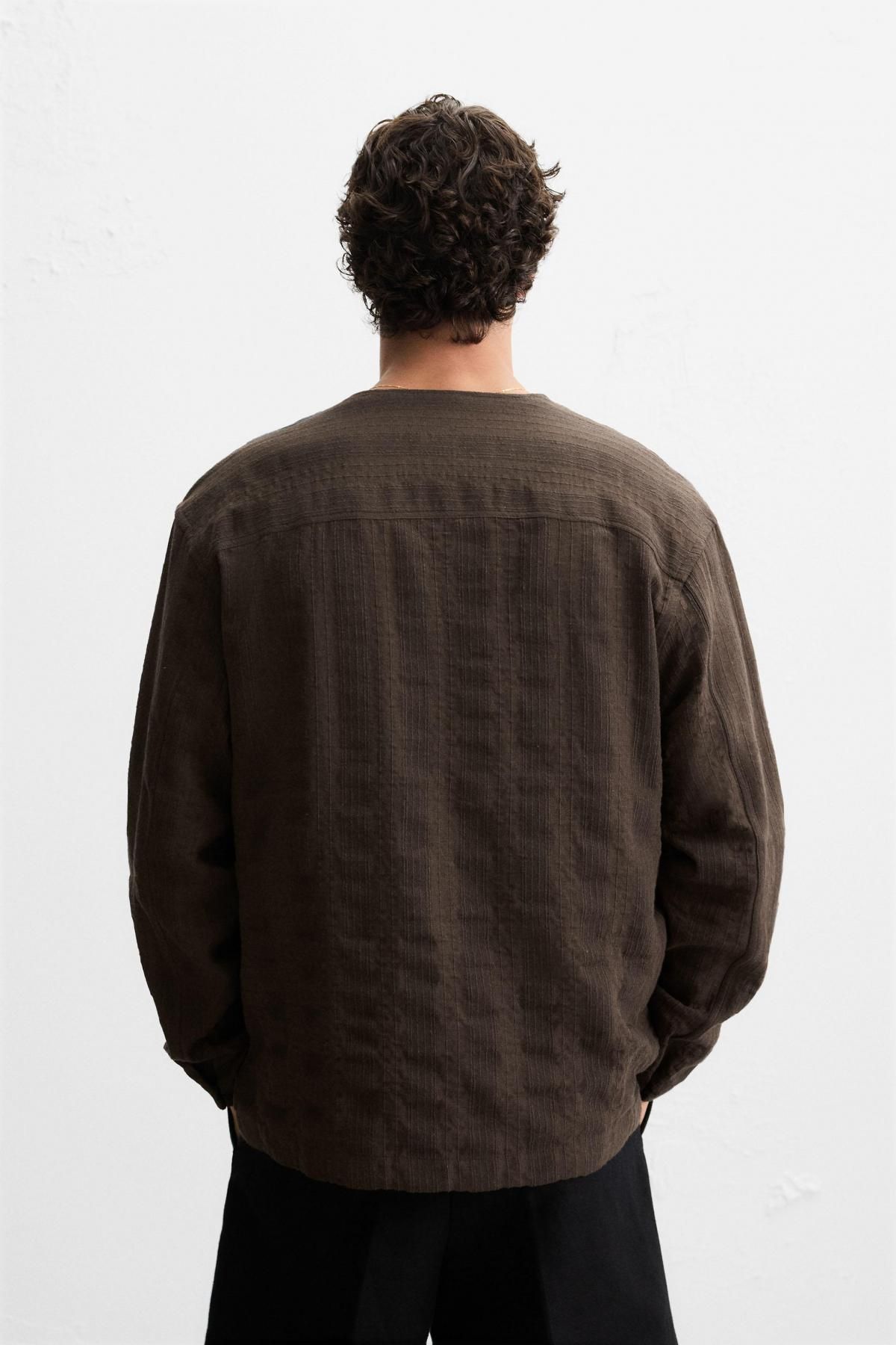 자라 스트라이프 자카드 브이넥 긴팔 셔츠 5782/042 BROWN - 상세 이미지 4