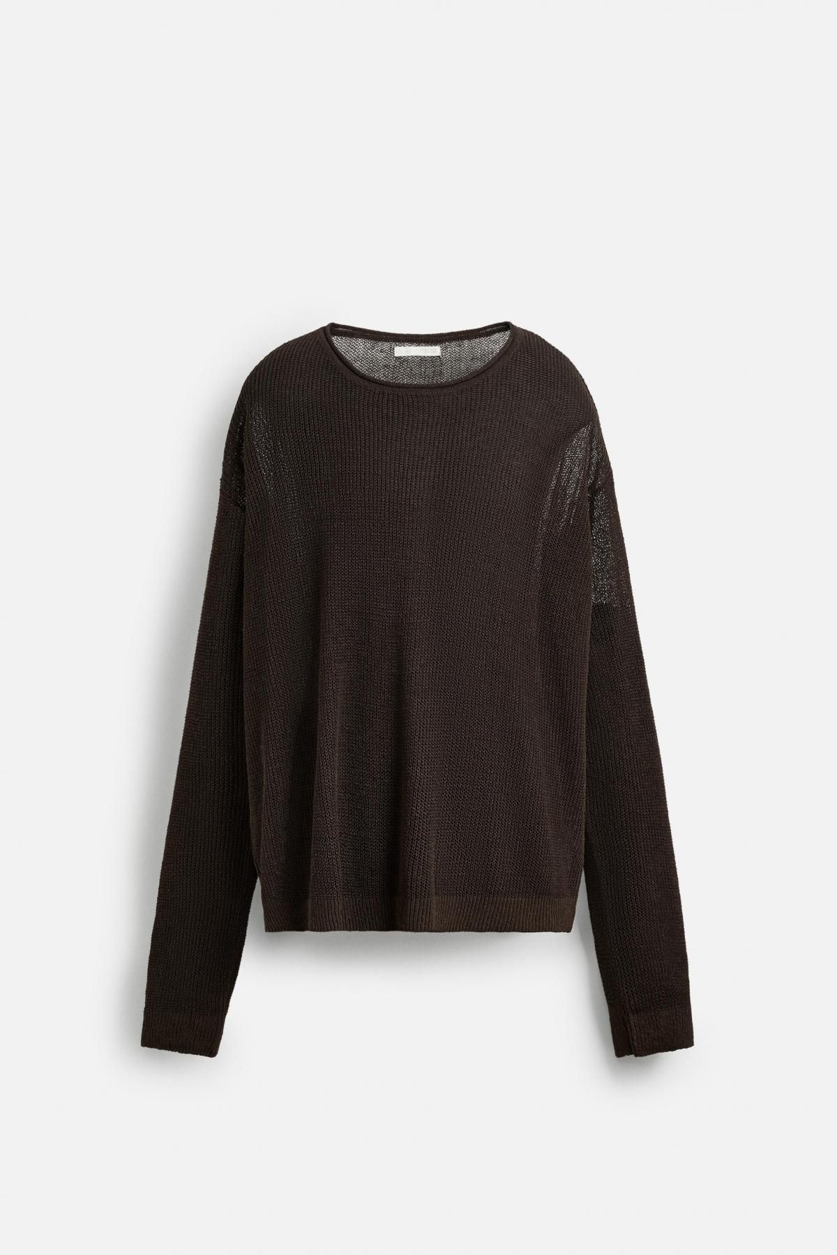 자라 리넨 블렌드 텍스처드 라운드 니트 스웨터 9598/302 BROWN - 메인 이미지