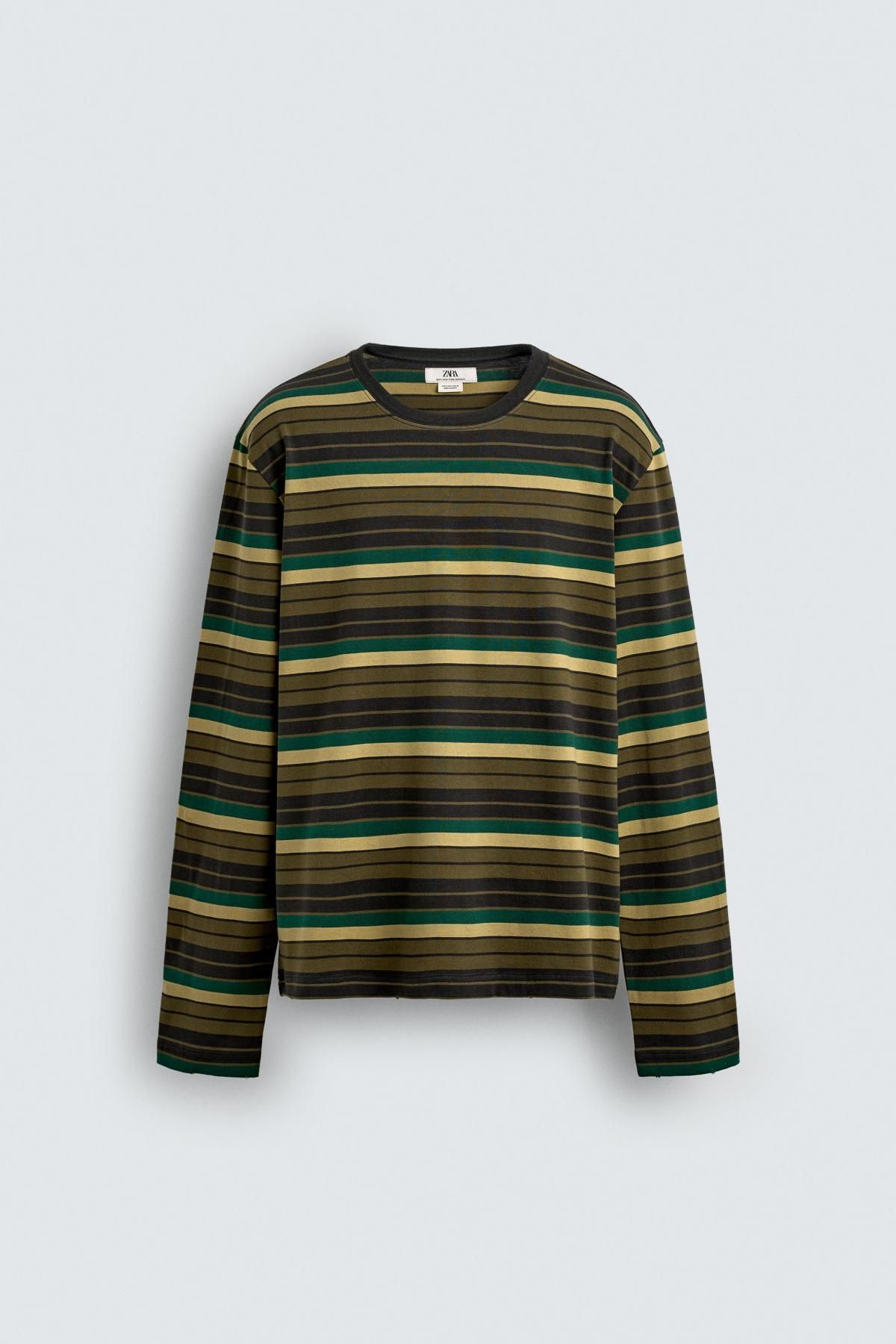 자라 스트라이프 캐주얼 릴랙스핏 긴팔 티셔츠 1165/313 KHAKI - 메인 이미지