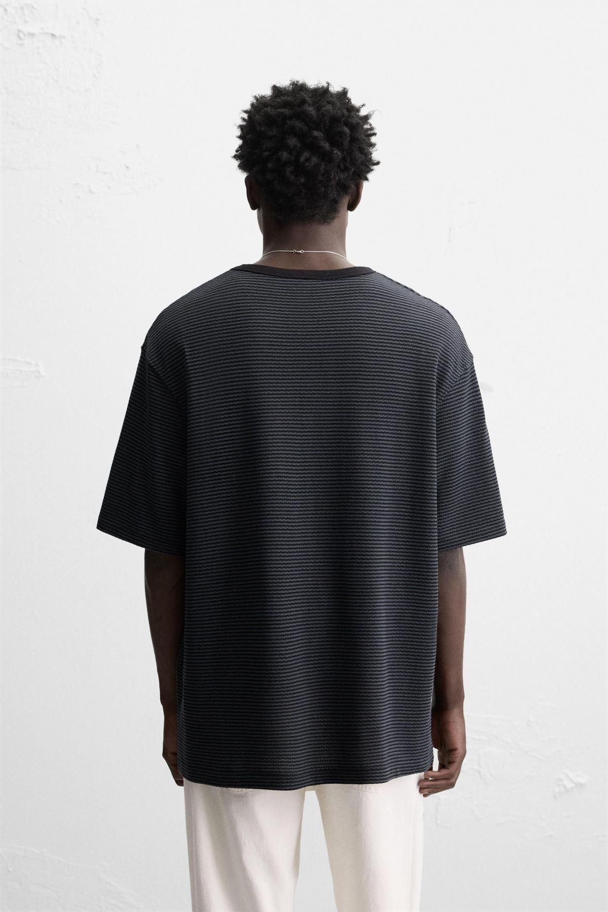 자라 스트라이프 자카드 릴렉스핏 반팔 티셔츠 5372/310 BLUE/BLACK - 상세 이미지 4