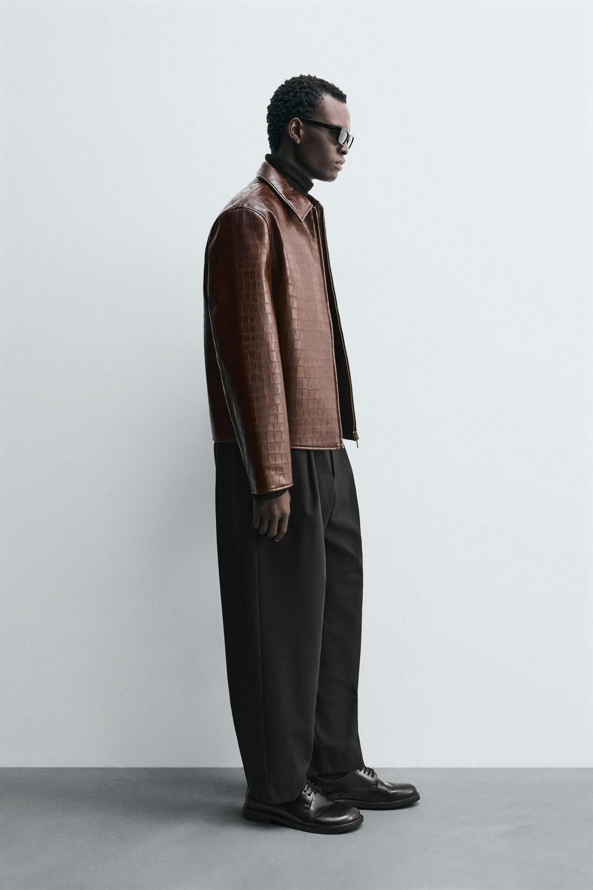 자라 크롭 엠보 레더 테크니컬 재킷 0155/365 BROWN - 상세 이미지 5
