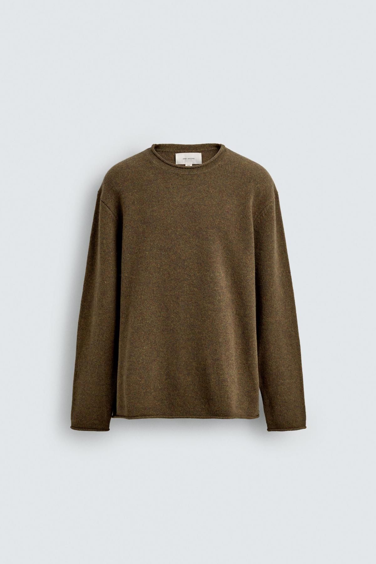 자라 프리미엄 울 라운드넥 스웨터 브라운 롤드엣지 2893/349 OLIVE GREEN - 메인 이미지
