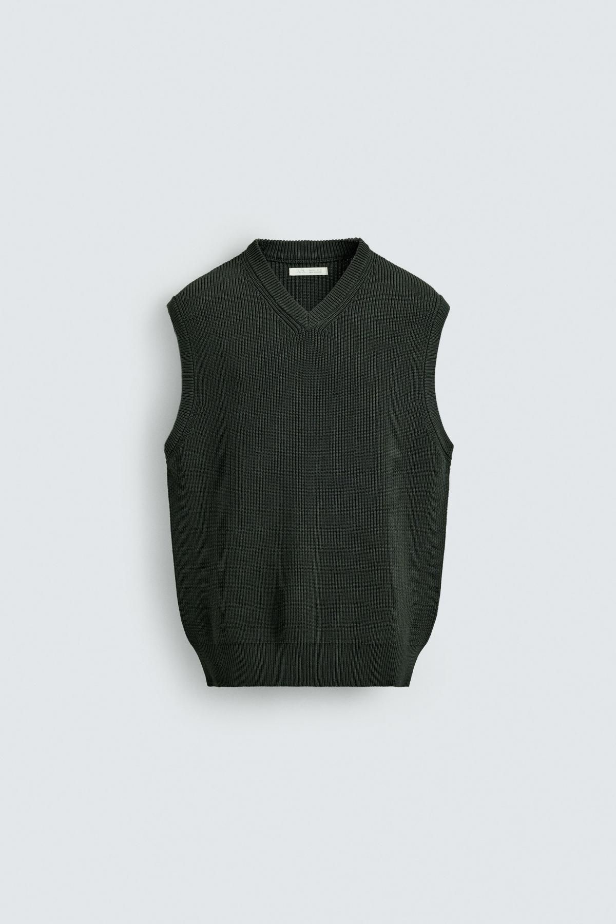 자라 미니멀 브이넥 코튼 니트 베스트 3332/305 DARK GREEN - 메인 이미지