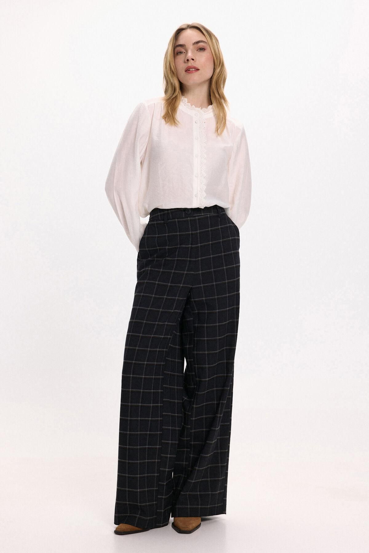 빌라 체크 와이드 하이웨이스트 슬랙스 팬츠 3722169 NEGRO - 상세 이미지 2